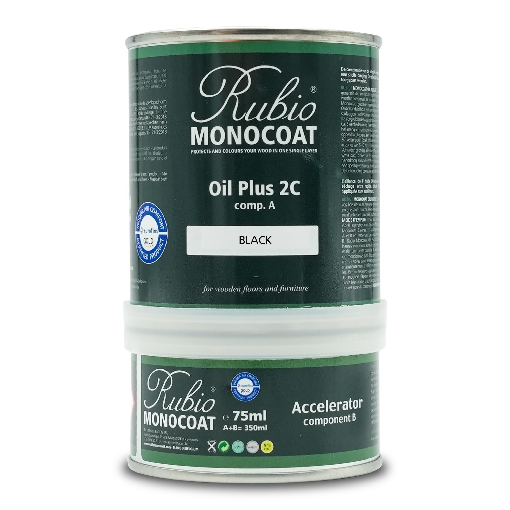 Rubio Monocoat Oil Plus 2C Wood Finish, 14 m² - Black | Quick-Dry, Eco-Friendly Linseed Formula for Indoor Surfaces | Includes Accelerator (Part B) | Protector | 350 ML