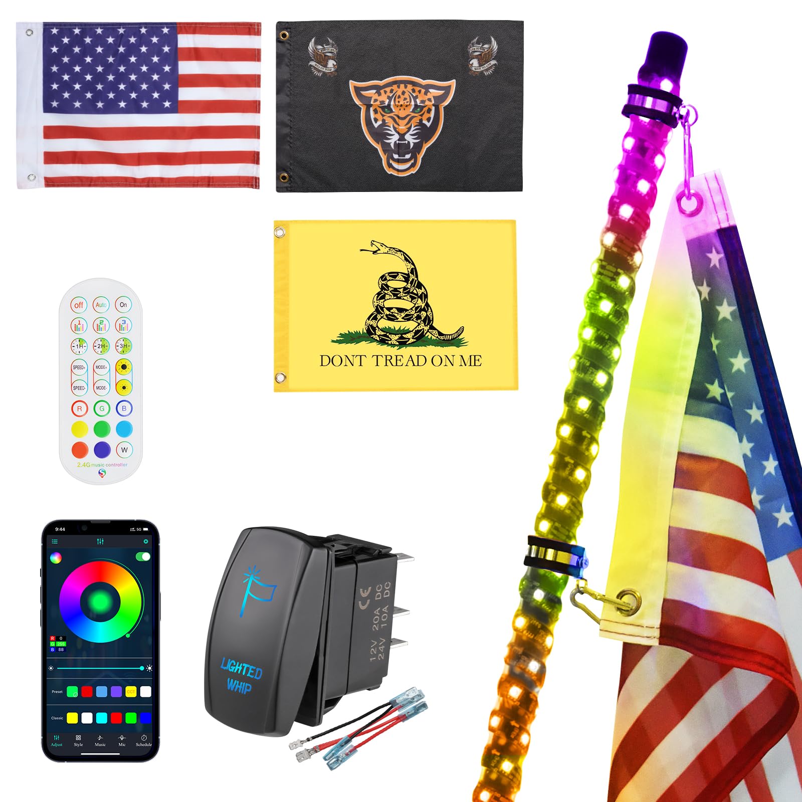 Ehaho 1 Pack 5FT Whip Lights, LED Whip Light with App &amp; Remote Control, Spiral RGB Chasing Lighted Whips with Rocker Switch, Music Whip Light for UTV ATV Polaris RZR Can-Am SXS Truck