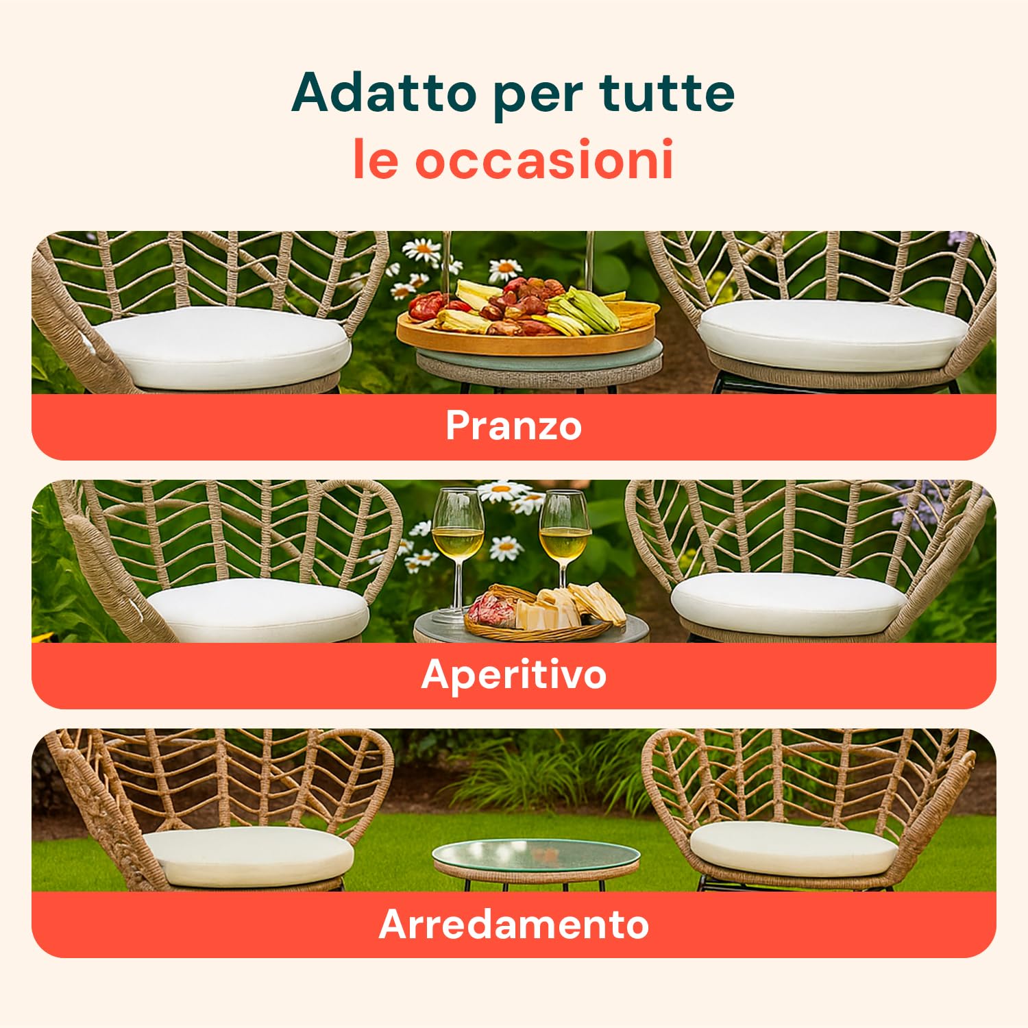 Juego de Mesa y sillas de Exterior de ratán sintético Natural con Estructura de Acero y Mesa con Cristal Templado, Juego de jardín Exterior para balcón, terraza o Patio