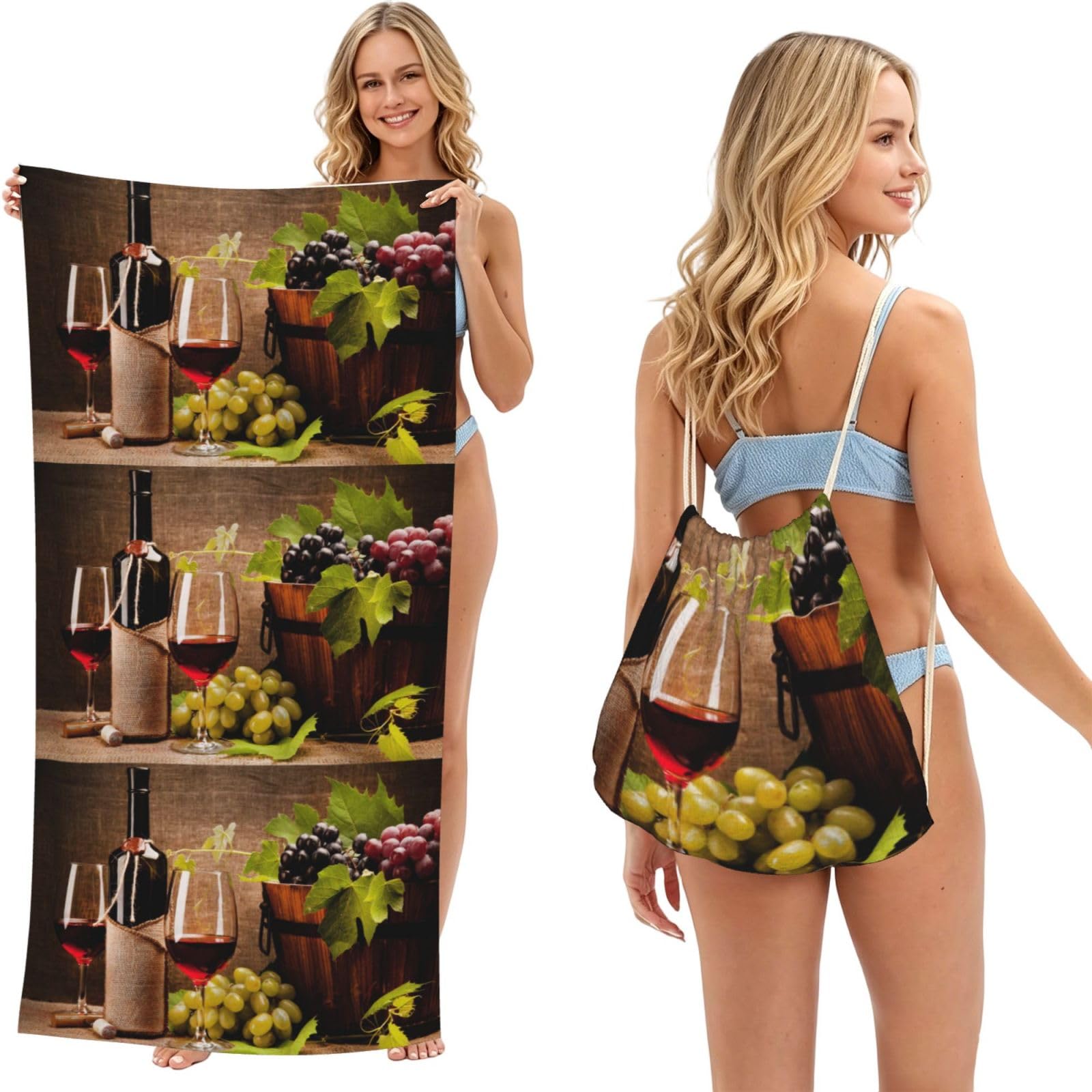 Poadnly As Picture Glasses Of Wine With Wine Bottle And Grapes, 2 In 1 Packable Towel Bag, Beach Towels With Drawstring Backpack For Travel Holiday Camping