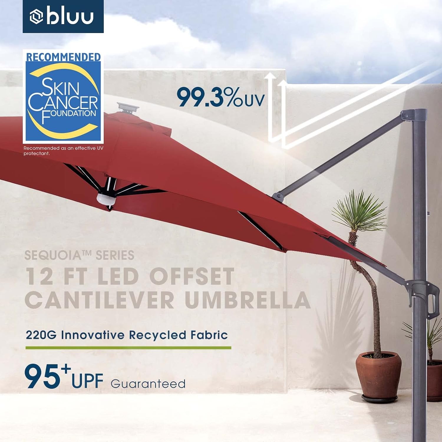 BLUU SEQUOIA 12 FT Solar Cantilever Umbrella LED Aluminum Offset Umbrella with 15 Strip Lights and Center light, Recycled Fabric 36 Month Fade Resistance, 360° Rotation & Cross Base (Burgundy Red)