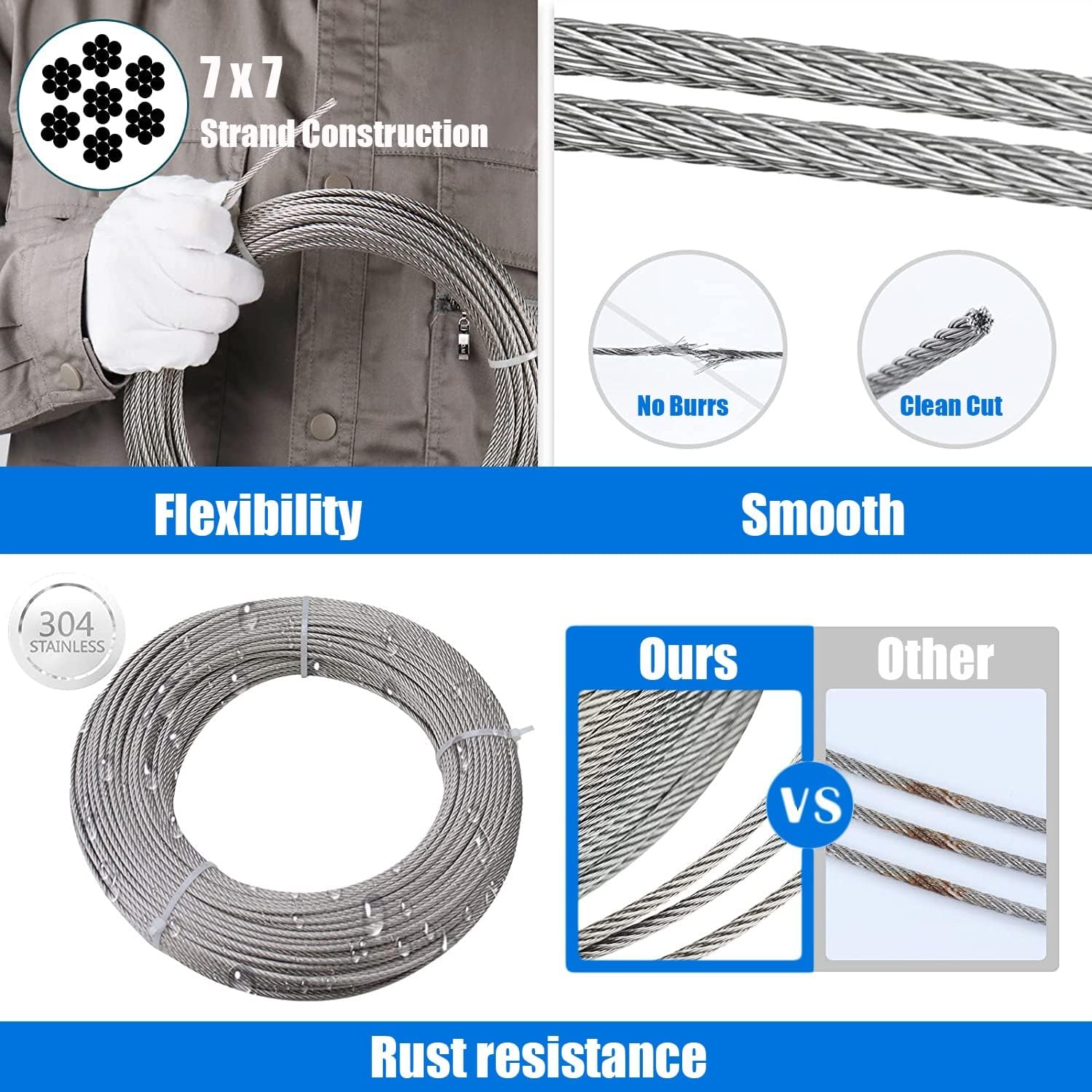 Stainless Steel Wire Rope 3.3ft 16.4ft 30ft 50ft 100ft 200ft 300ft Extra Long, Indoor Outdoor Heavy Duty Cable Wire Rope for DIY Balustrade, 1/8" Diameter(15M/49.2ft)