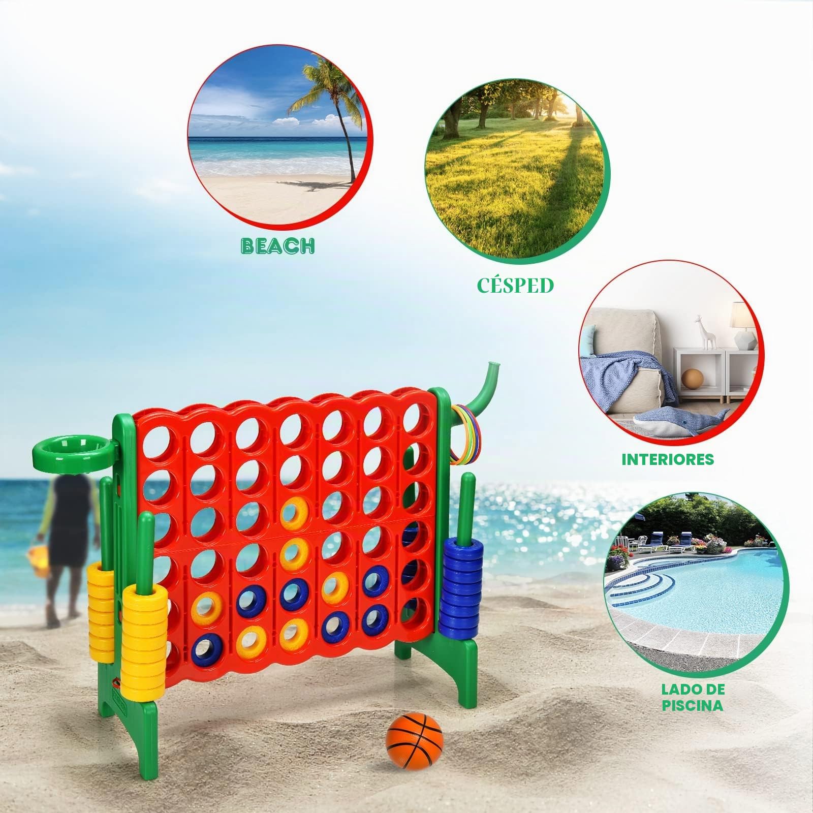 RELAX4LIFE Juego de 4 en Raya para Niños y Adultos, para Exteriores e Interiores, 4 en Raya Gigante, Regalo para niños (84x33x74cm, con Canasta, Pelota, 5 Anillos -C)