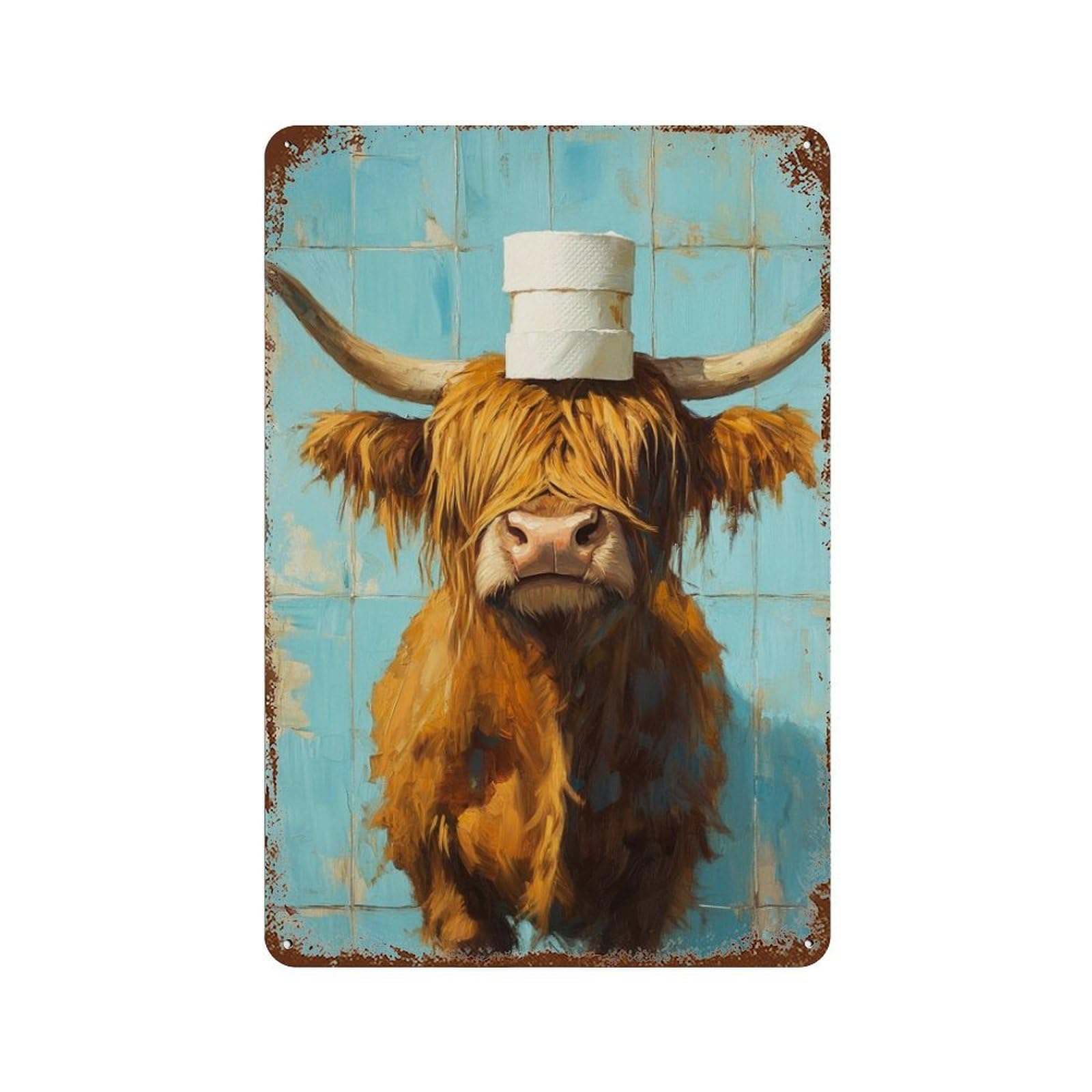 Scottish Highland Cow with Toilet Paper Hat Decorative Tin Sign 11.8"x7.9", Shabby Chic Decor for Garage, Pub Or Kitchen