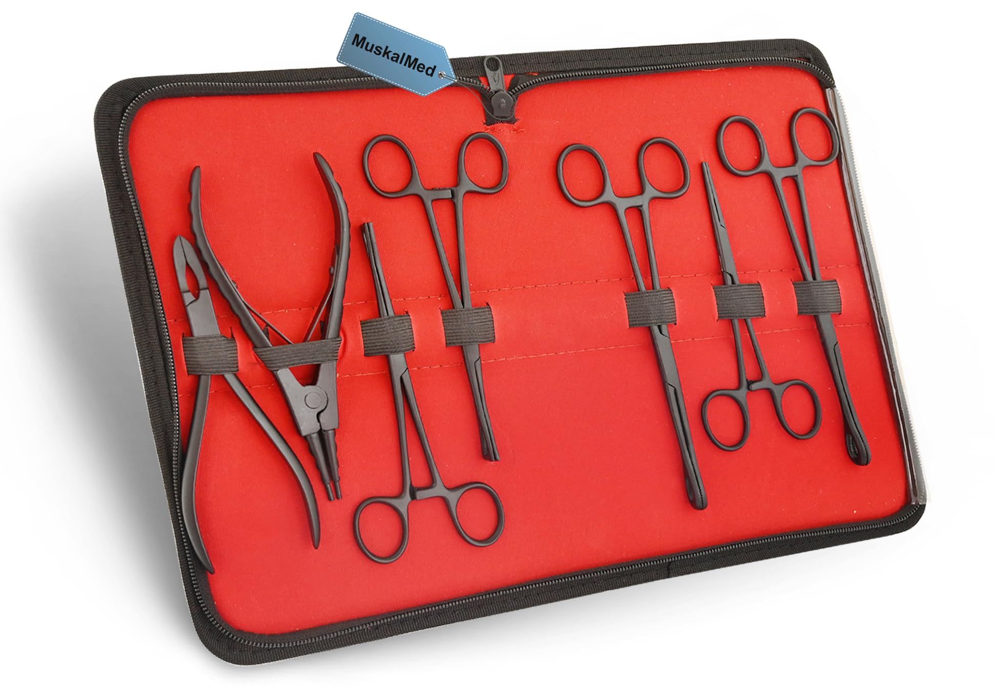 MuskalMed Full Black 7 Piece Body Piercing Instruments Kit Tools Pennington Sponge Forceps Stainless Steel Instruments with Carry Case MBK-B-01