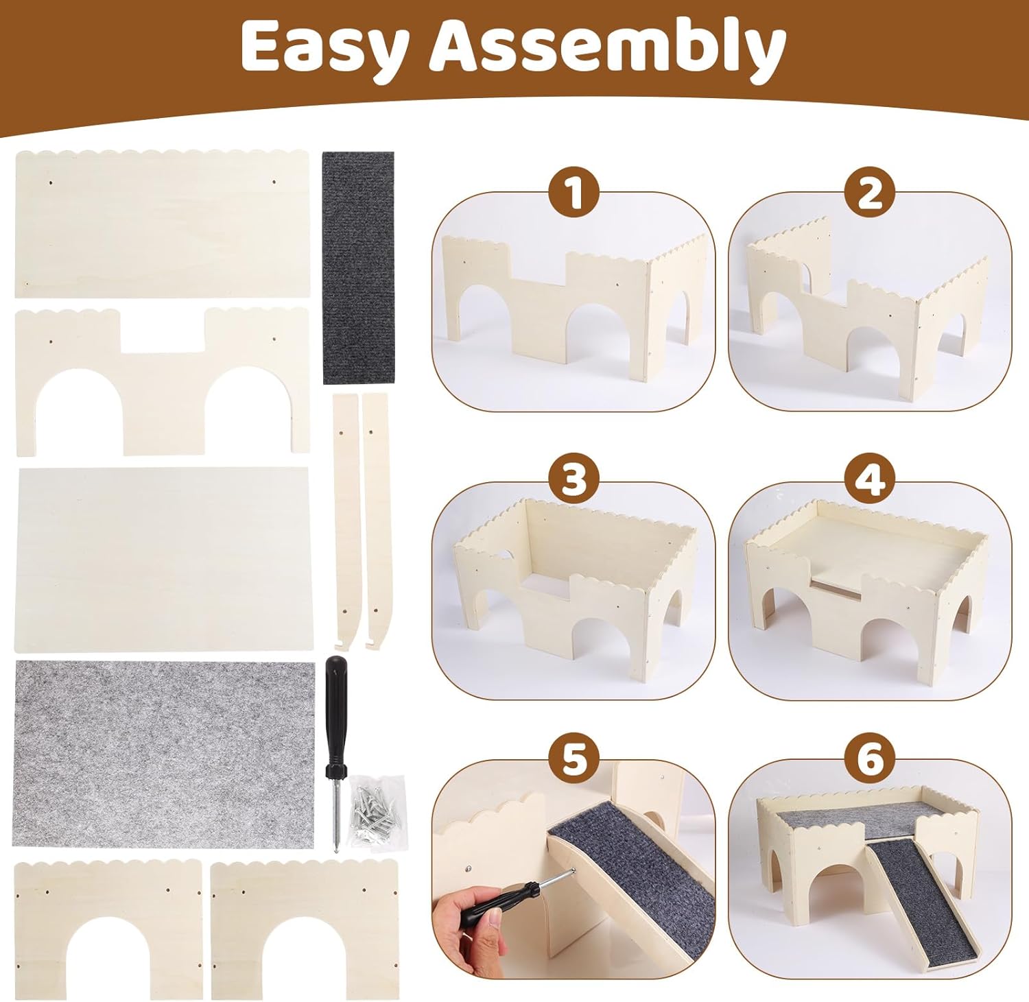 Guinea Pig Hideout 2-Tier Wooden Small Animal Hideout Sturdy Guinea Pig Castle with Ramp & Platform for Bunny, Chinchilla, Rat & Hamster - Easy Assembly Multi-Level Habitat