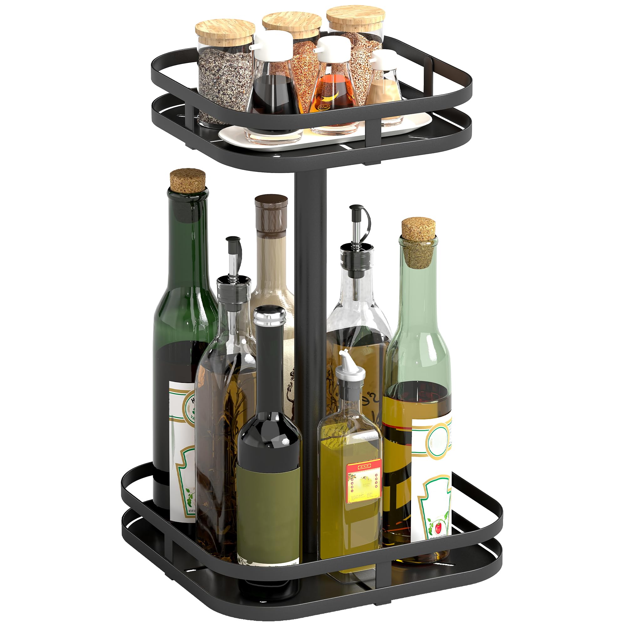 HOMCOM Gewürzregal 2-stufig 360° drehbarer Küchenregal mit Erhöhtem Ränder Saugfüße Stehend Gewürzständer Gewürzkarussell Küchen Organizer Gewürzhalter für Küchentheke Esstisch Schwarz