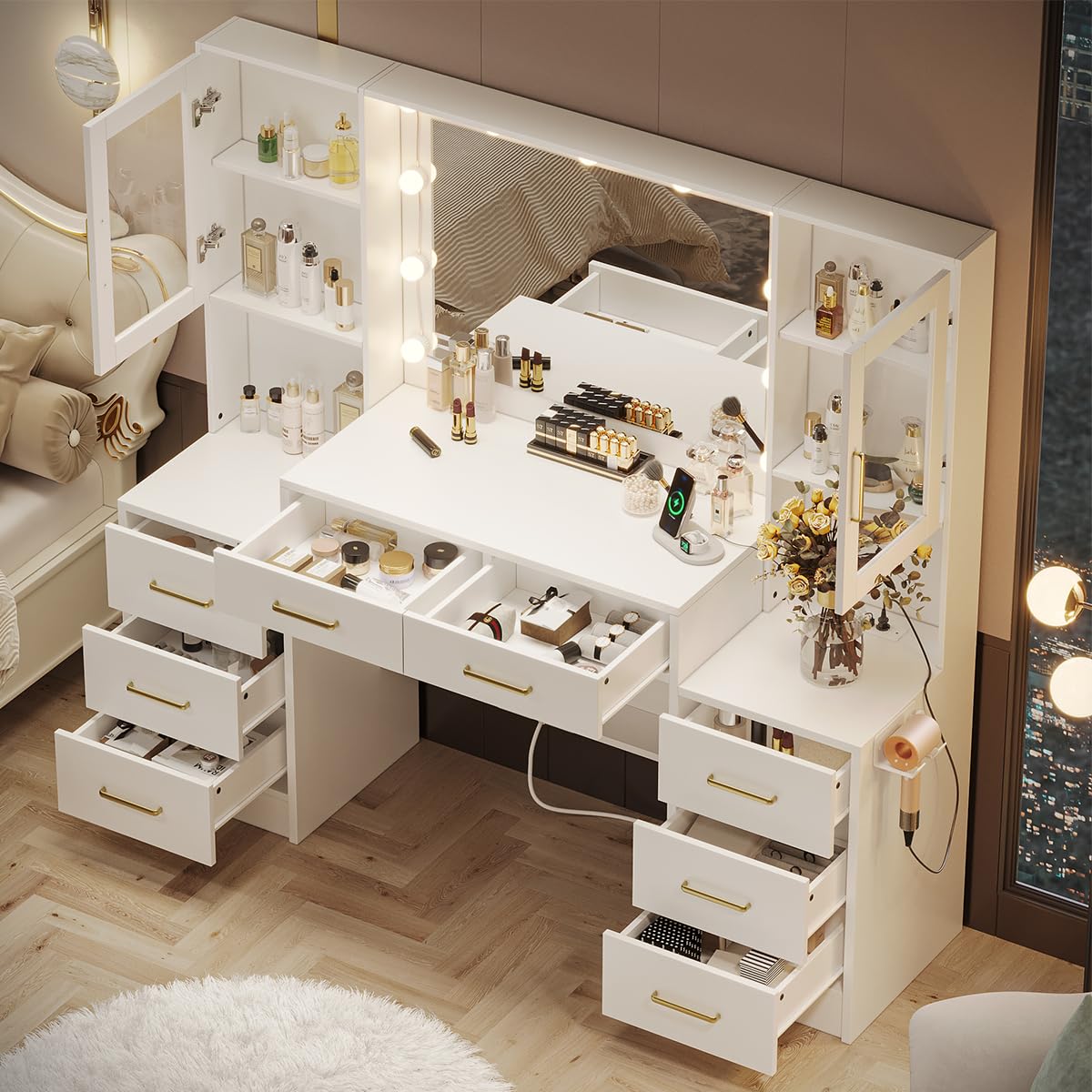 White Makeup Vanity Desk with Mirror and Lights, Makeup Vanity Table with Lighted Mirror, 58.3” Dressing Table with Mirror and Lights, Big Vanity with 8 Drawers &amp; Lots Storage Space for All Girls