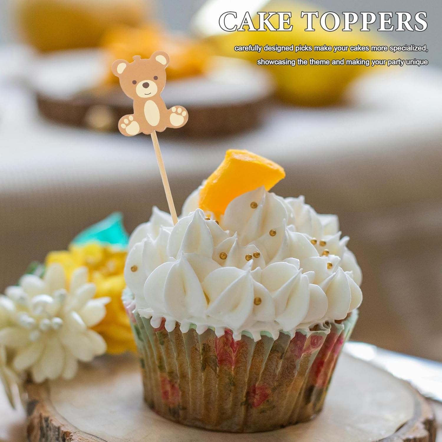 50 Pcs Bear Cake Decorations Cute Party Dessert Fruit Garnish Sticks Non-edible Cake Toppers for Shower Birthday Party