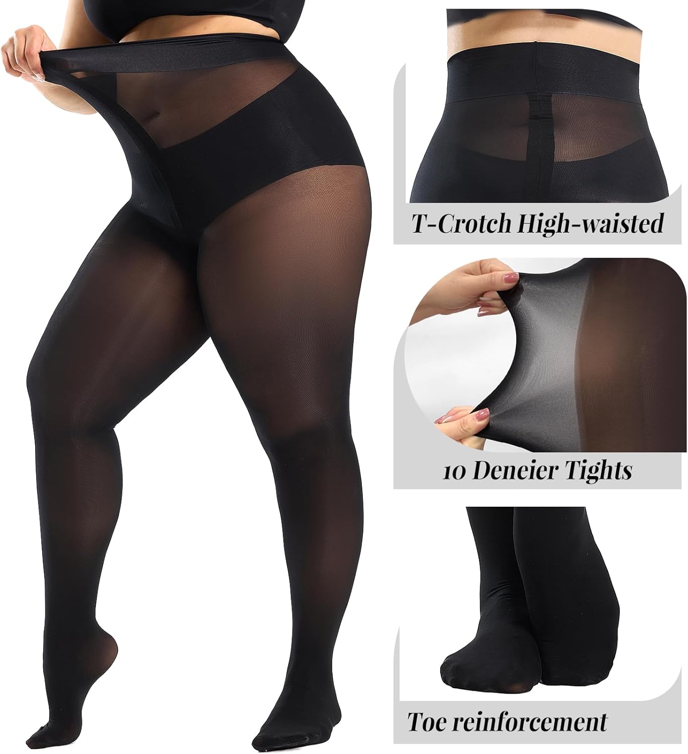 2 Pairs Plus Size Tights for Women,Semi-Sheer T-Crotch Rip Resistant High Waist Pantyhose with Reinforced Toes - Image 4