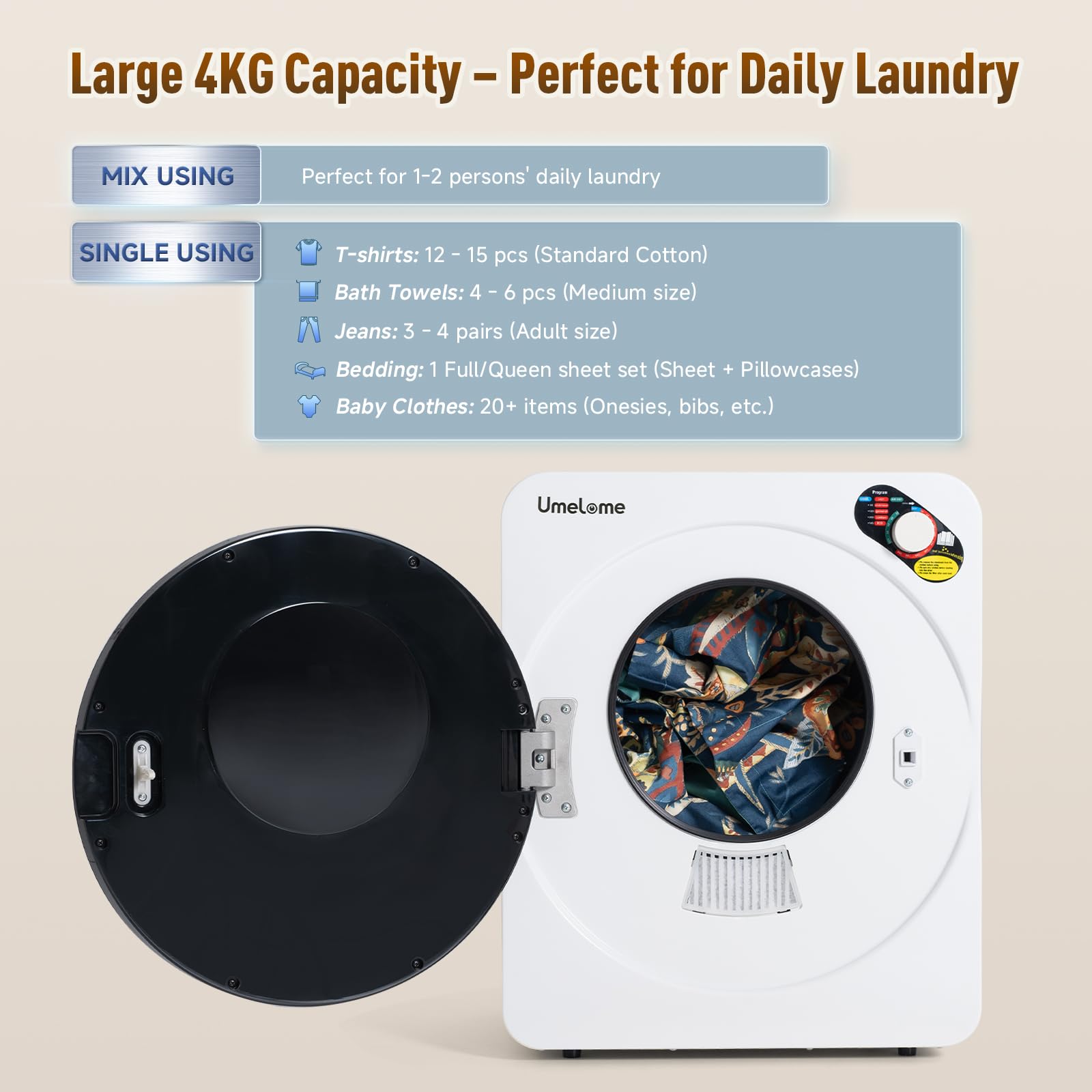 Vented Dryer Tumble Dryer by Umelome, 4kg Portable Clothes Dryer with Stainless Steel Drum, 10 Free Replacement Filters, ECO Energy Saving Mode, for Apartments, RVs & Caravans, 2026 Upgraded Model - 2