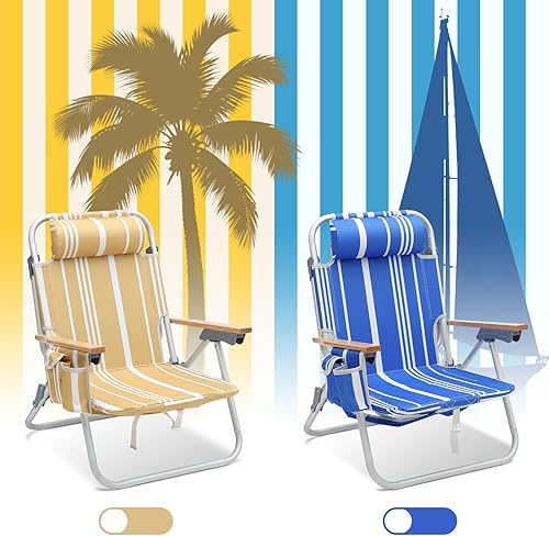Miniatura 8 de Sekey Silla de playa de aluminio para adultos con 5 posiciones, clásica, plana, ligera, plegable, silla de playa con 2 bolsas de enfriamiento,