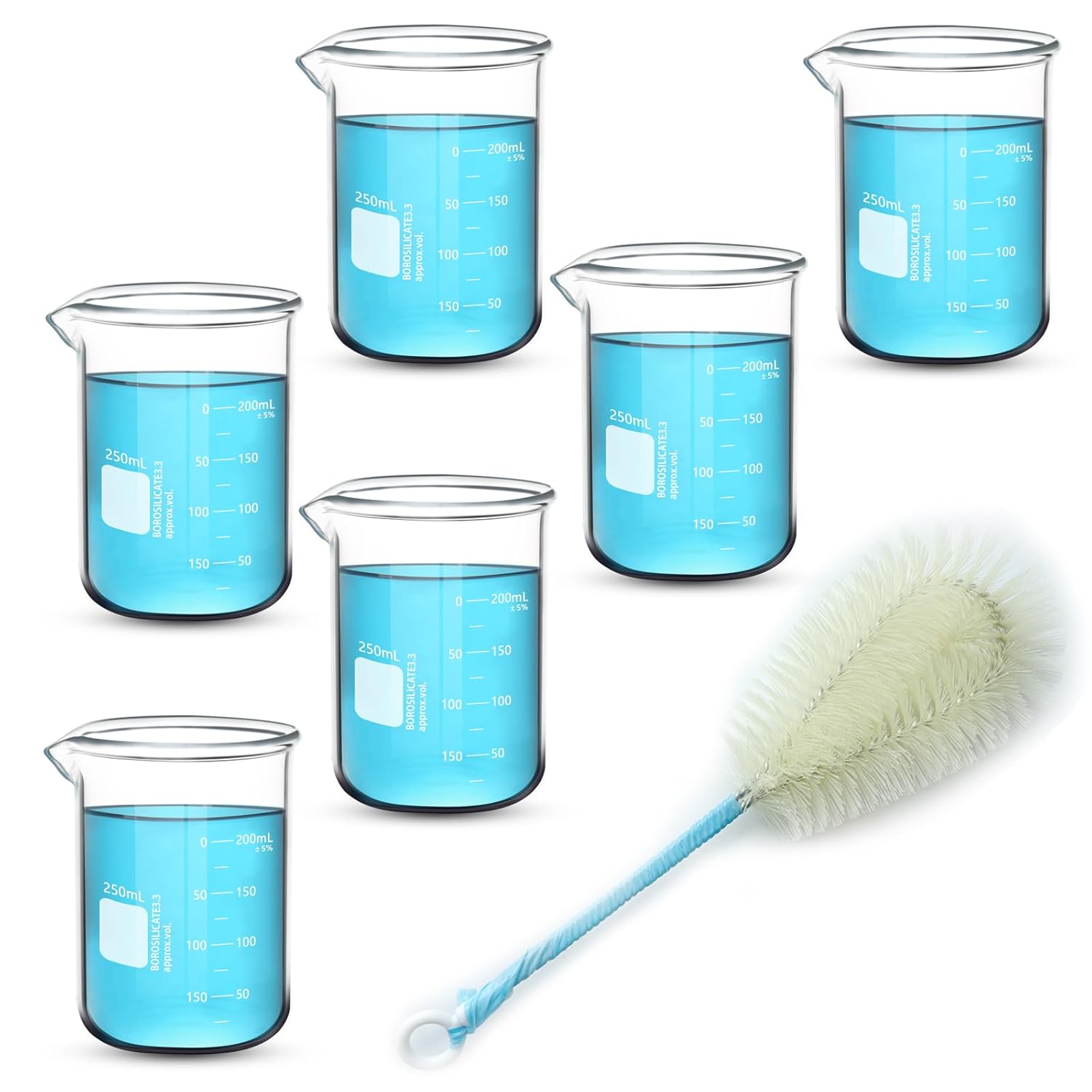 6PCS 250ml Glass Beakers Heavy Duty Beakers, White Double Scale Graduation, Borosilicate 3.3 Glass Lab Beaker, Low Form Griffin Measuring Beaker (6, 250ML)