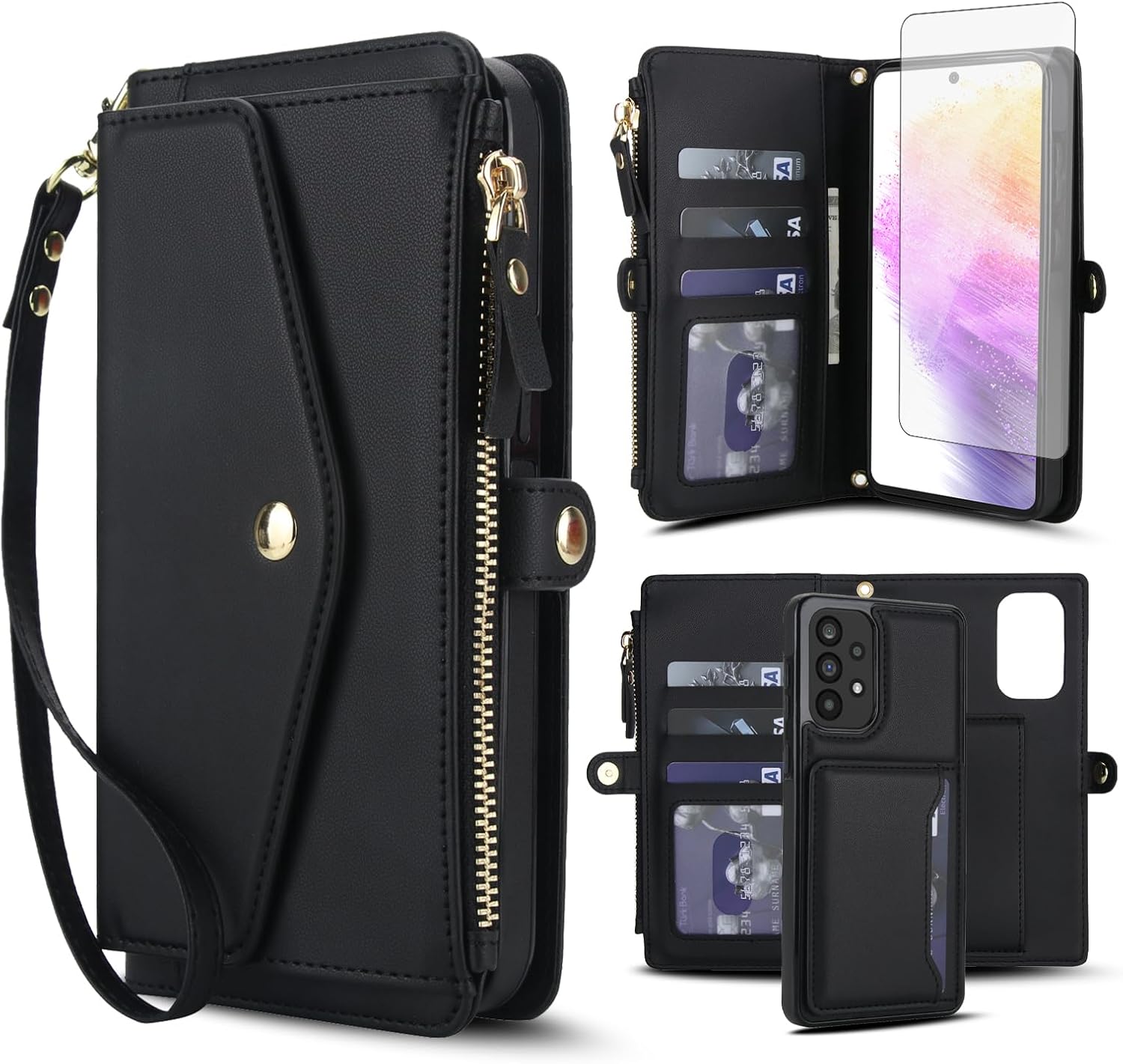 Asuwish Phone Case for Samsung Galaxy A53 5G Wallet Cover Compatible with Magsafe RFID Screen Protector Crossbody Lanyard Strap Flip Card Holder Slot Zipper Cell A 53 G5 53A SM A536U 6.5" 2022 Black