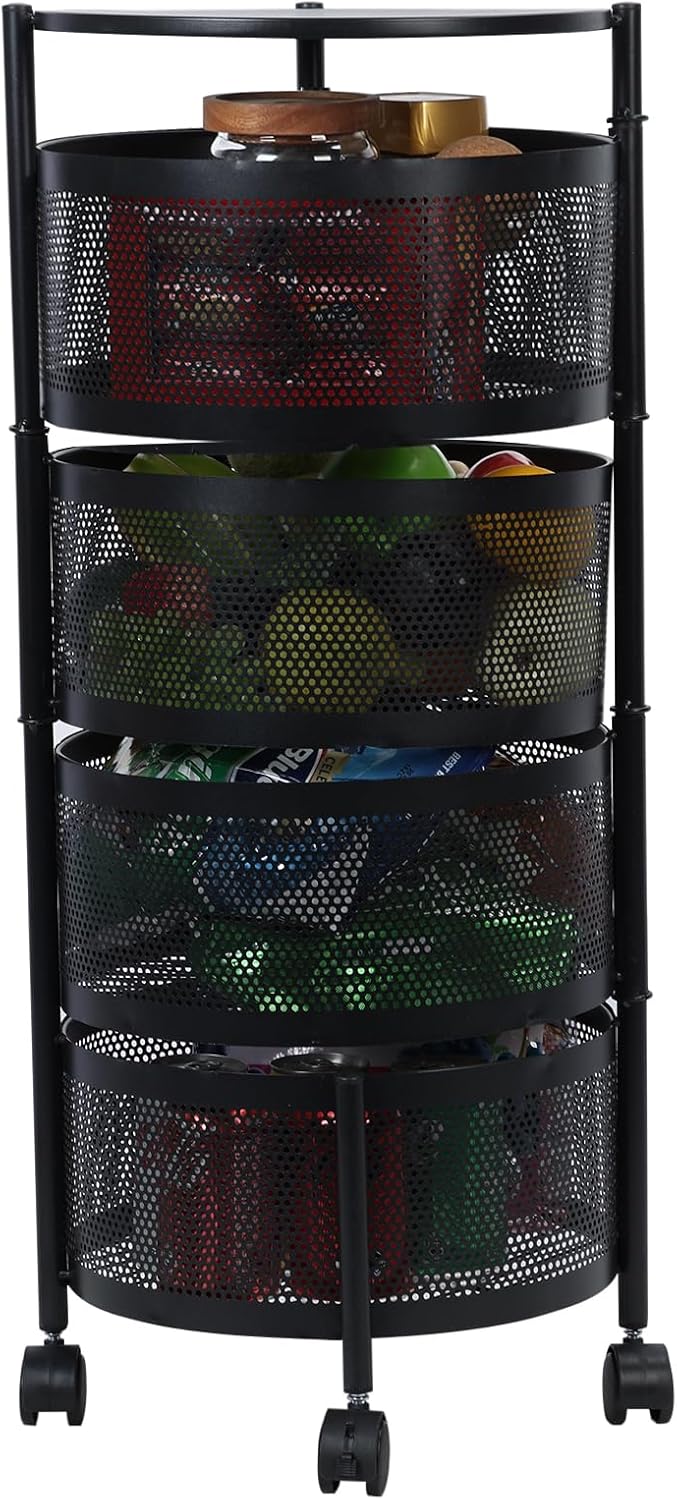 5 Tier Kitchen Storage Cart,Rolling Kitchen Carts On Wheels with Storage,Circular Rotating Small Kitchen Cart with Top Lid,Fruit and Vegetable Storage Basket for Kitchen Black Four Layer