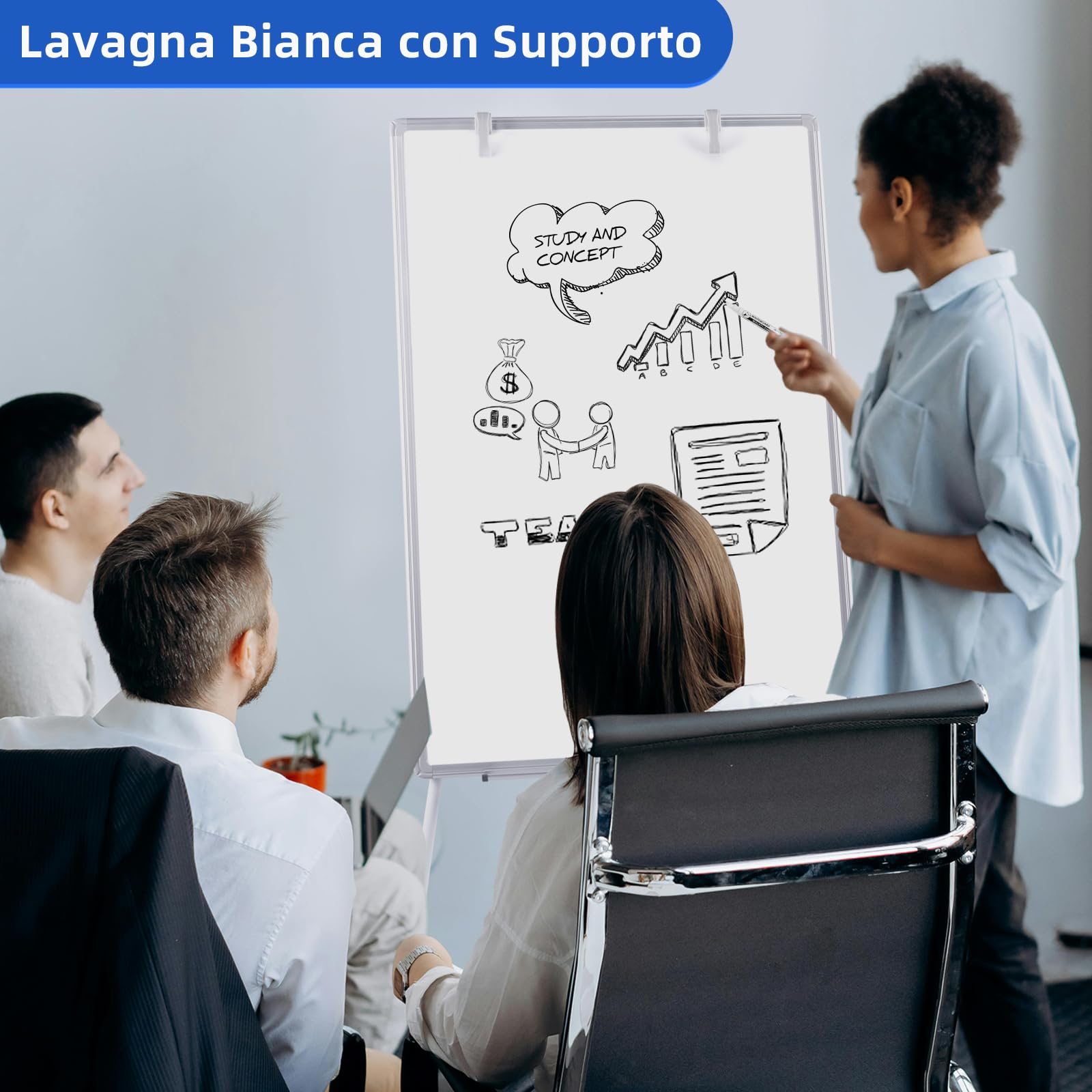 DOLLAR BOSS Supporto per lavagna a fogli mobili 90x60cm, lavagna bianca con supporto, lavagna bianca magnetica, regolabile in altezza, telaio in alluminio