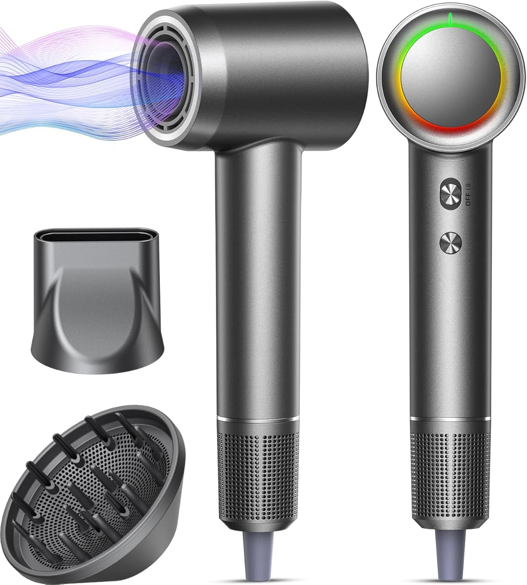 $400-Class Alternative Hair Dryer - 1 Min Fast Drying, High-Speed Blow Dryer with 500 Million Negative Ions, No Heat Damage, Low Noise, Professional Hairdryer with Magnetic Diffuser & Nozzle, Gunmetal