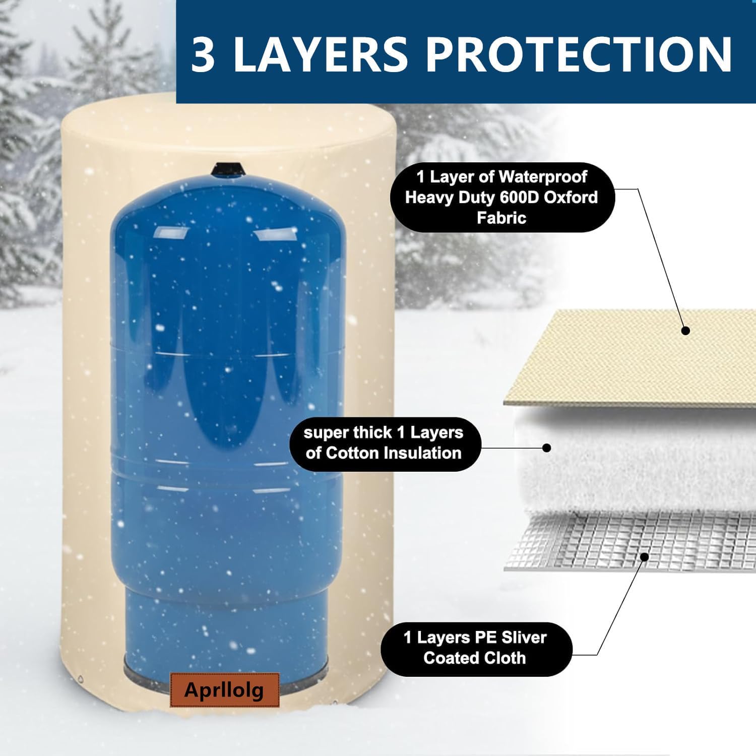 Round Well Pressure Tank Cover (5°F) - Insulated Well Pump Cover - Water Well Tank Covers - Thickened 3 Layers Insulation Water Well Tank Covers for Winter Freeze Proof (Beige-20"Dia x 34"H)