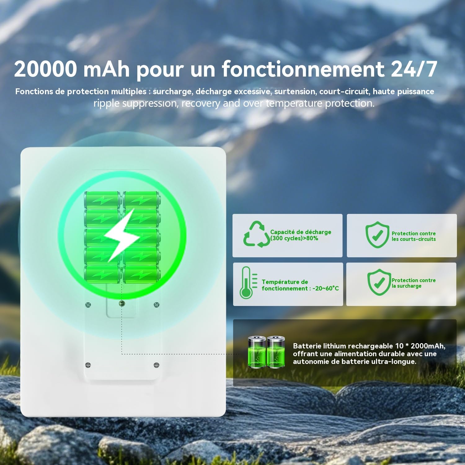Panneau solaire pour caméra de suivi, caméras de sécurité, batterie rechargeable intégrée de 20 000 mAh, DC 3,5 x 1.35 mm avec interfaces multiples, convient à plusieurs usages, sortie DC 5 V