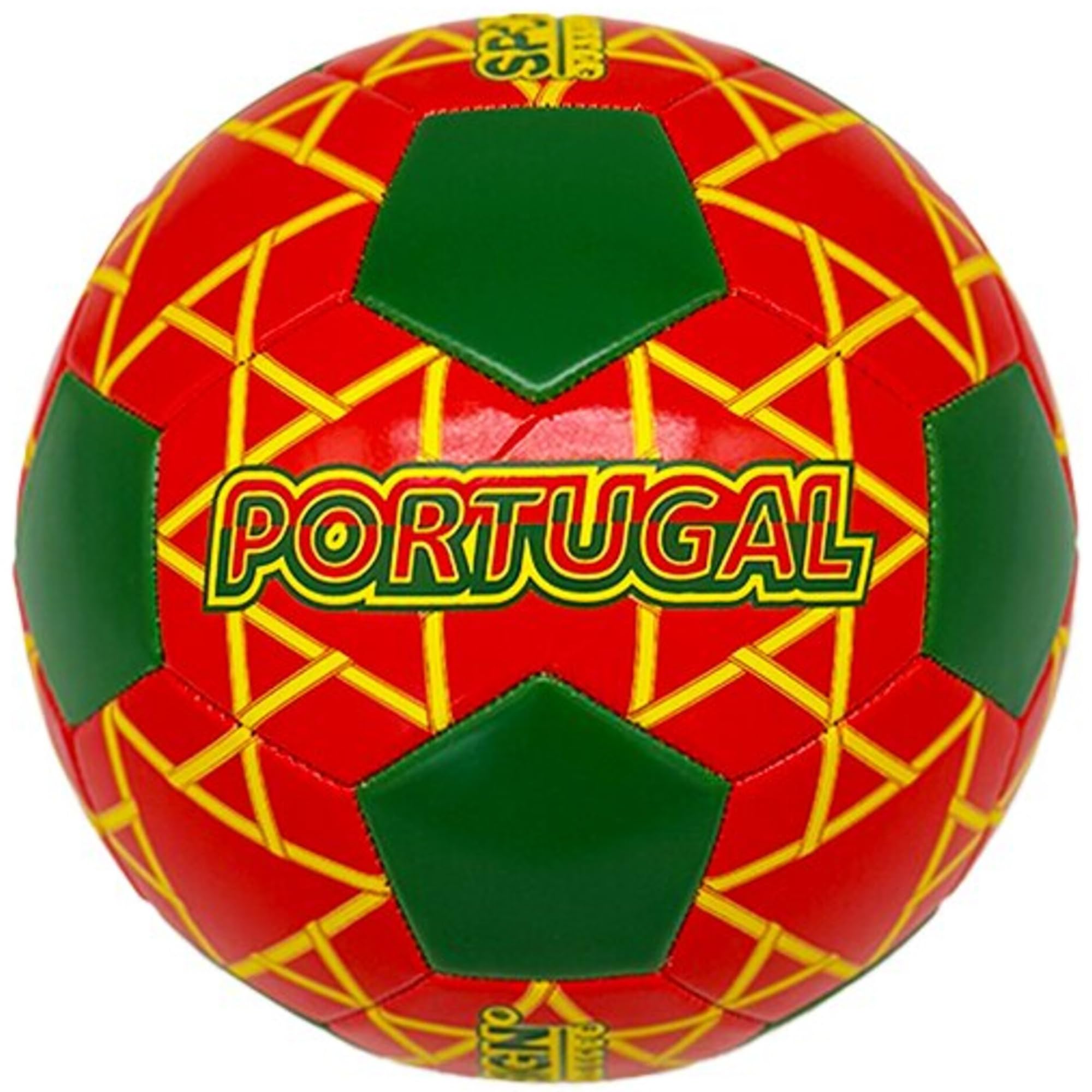 Sport Design: Piłka nożna - Portugalia - Projekt międzynarodowej drużyny krajowej: czerwono-zielono-żółta, zszyta piłka 32 panelowa, oficjalny rozmiar 5, skóra syntetyczna
