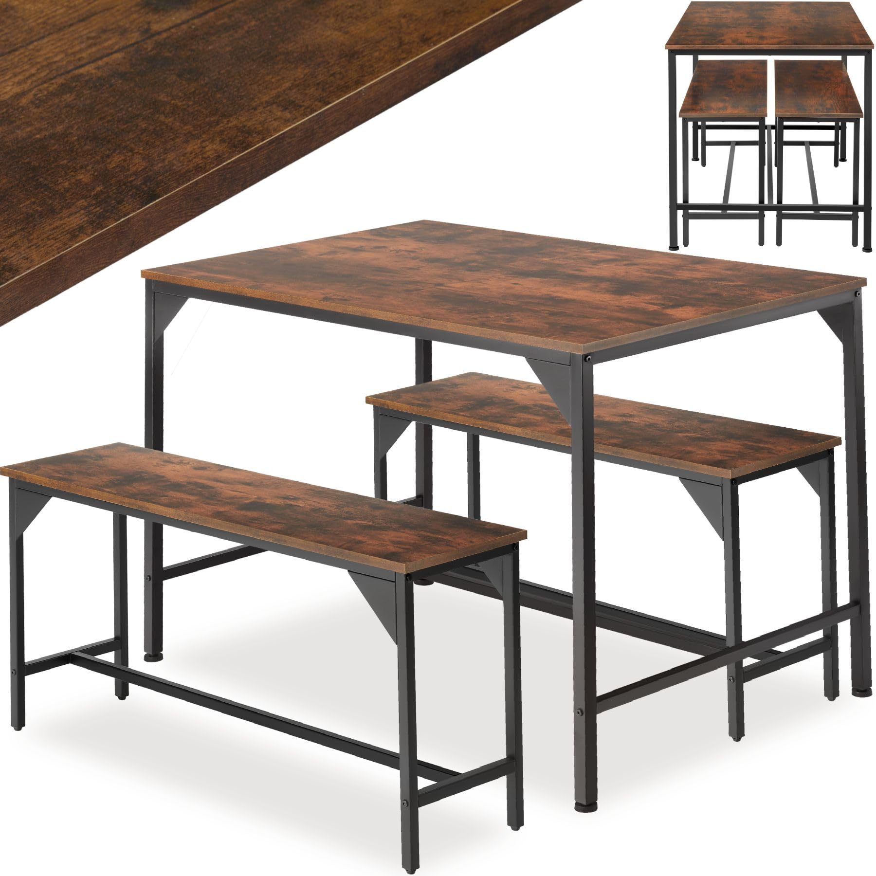 tectake® Salottino Bolton, Set da Pranzo Industriale, 1 Tavolo 2 Panche, Facile da Pulire, Regolabile, Robusto Telaio in Acciaio, Effetto Legno, Salotto - Legno industriale scuro, rustico