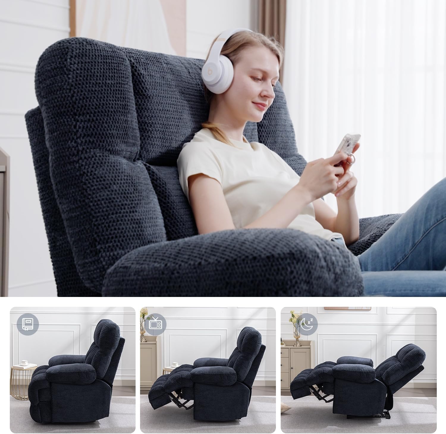 Oversized Power Reclining Chairs Zero Gravity for Adults, Soft Fabric Electric Recliner Chairs, Large Single Reclining Chair for Living Room, Theater Seating for Tall Man with USB Port (Blue)