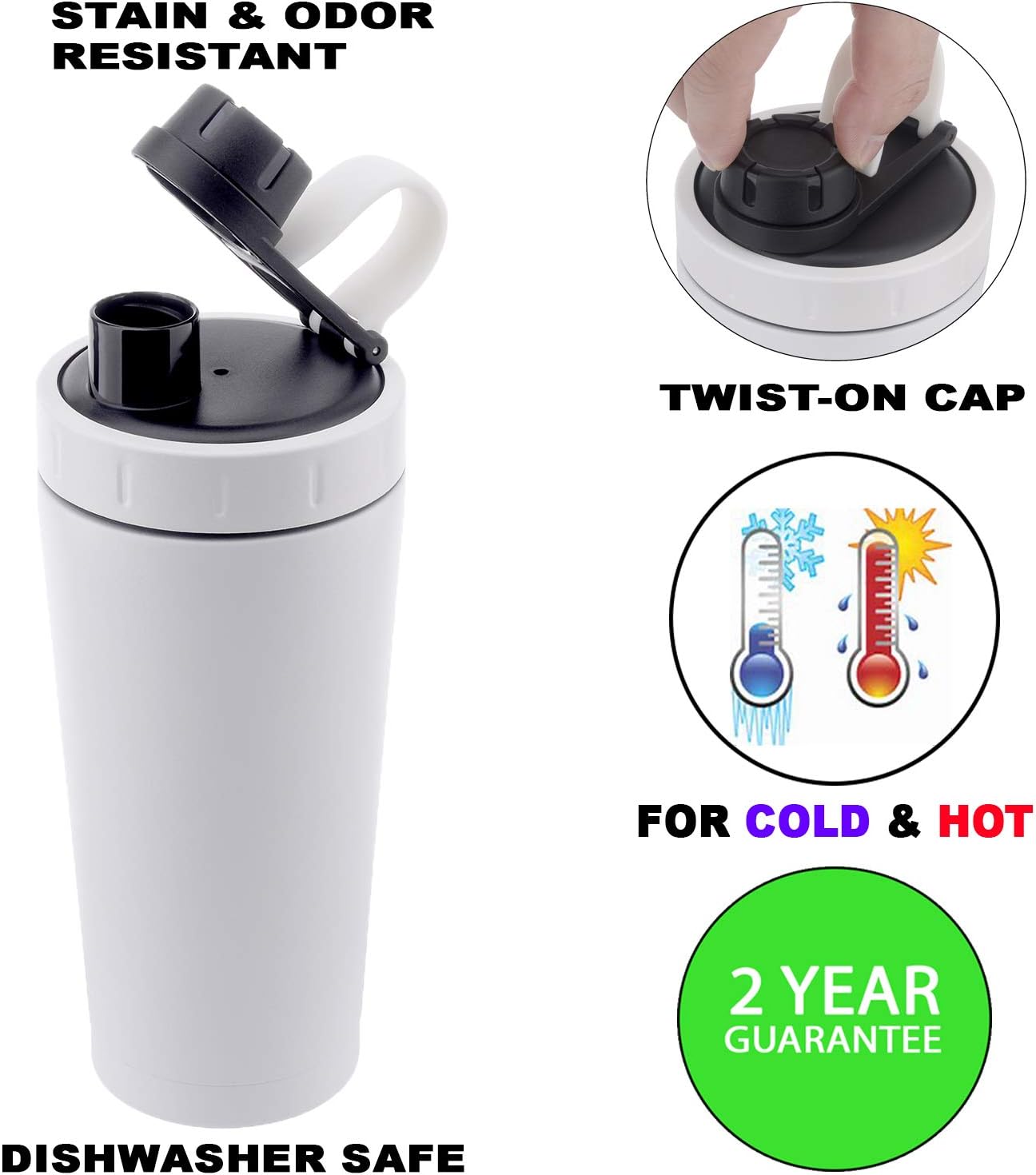 Stainless Steel Protein Shaker Bottle Insulated Keeps Hot/Cold Dishwasher Safe/Double Wall/Odor Resistant/Sweatproof/Leakproof/Durable 20 oz (White)…