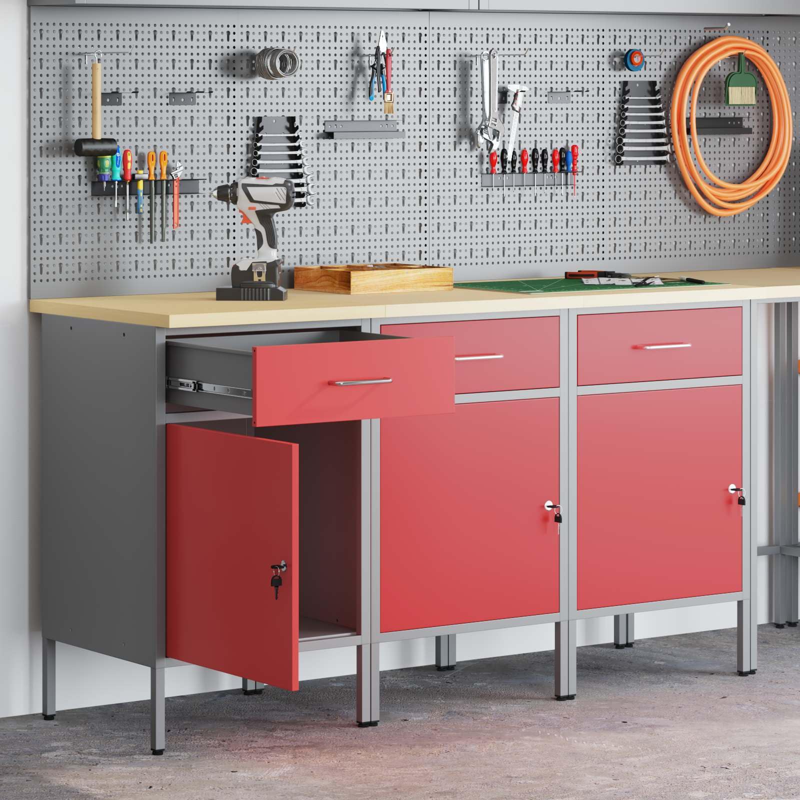 Mobile Atelier con cassetto, 3 pezzi, rosso e grigio, 150 x 55 x 85 cm