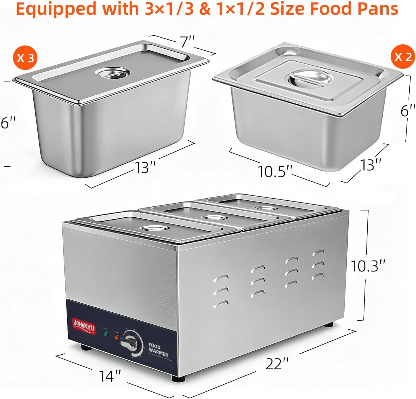 Commercial Food Warmer with 3×1/3 GN Pans & 2×1/2 Bonus Pans, Leakproof Tank Countertop Bain Marie Steam Table for Buffets, Restaurants & Parties