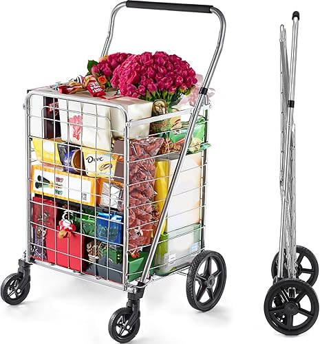 Miniatura 44 de Wellmax - Carrito para ir de compra con ruedas, carrito de metal para comestibles, con ruedas giratorias dobles y cesta adicional, carro plegable