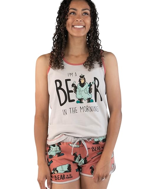 LazyOne Lazy One Matching Pajamas for Women, Cute Tank Top Set (Bear In AM, S)