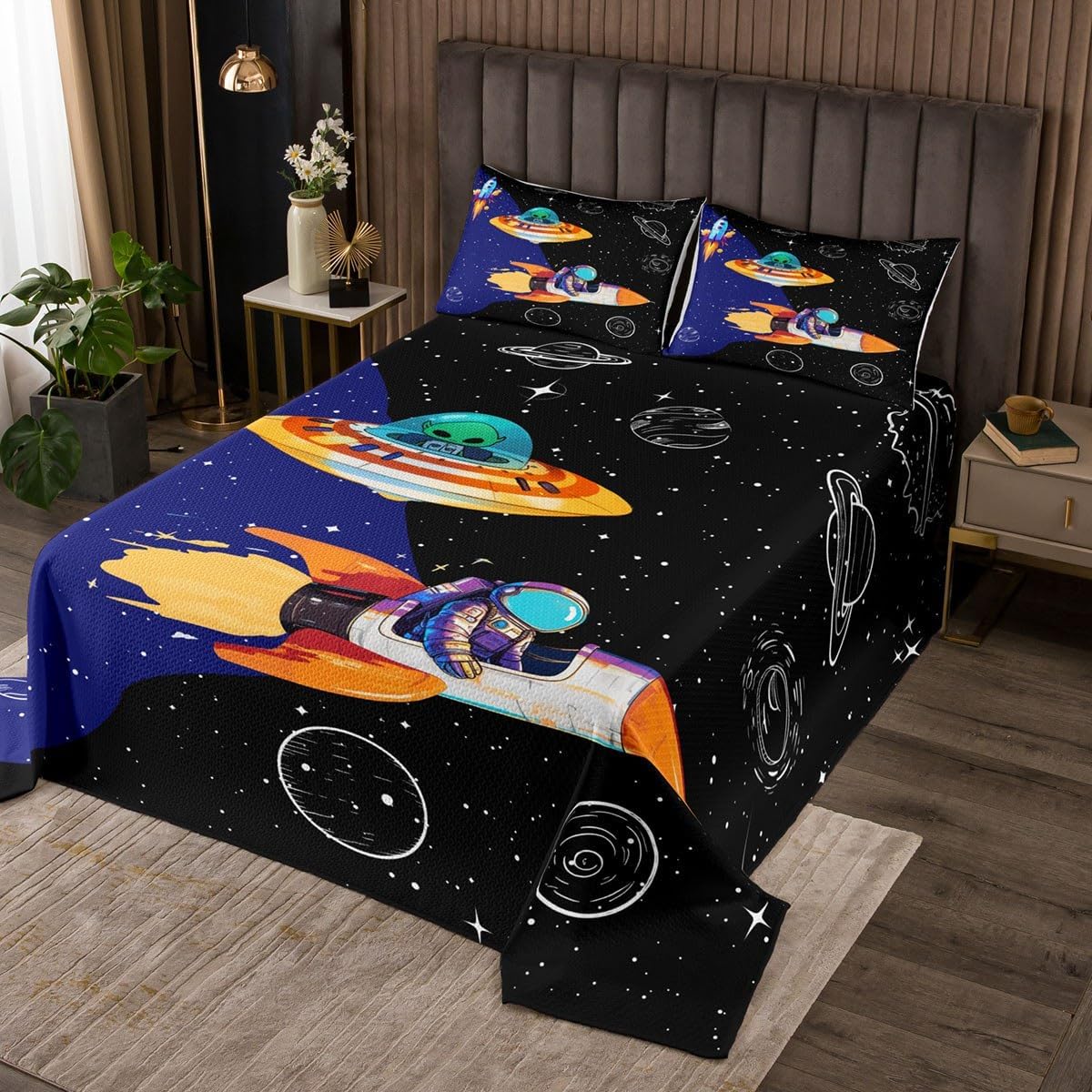 Cartoon Panda Coverlet Set Chic Astronaut Quilted Coverlet Starry Galaxy Rocket Comforter Set Bedspreads Quilt Set for Children Kids Coverlet Set,Twin Size 2 Pcs