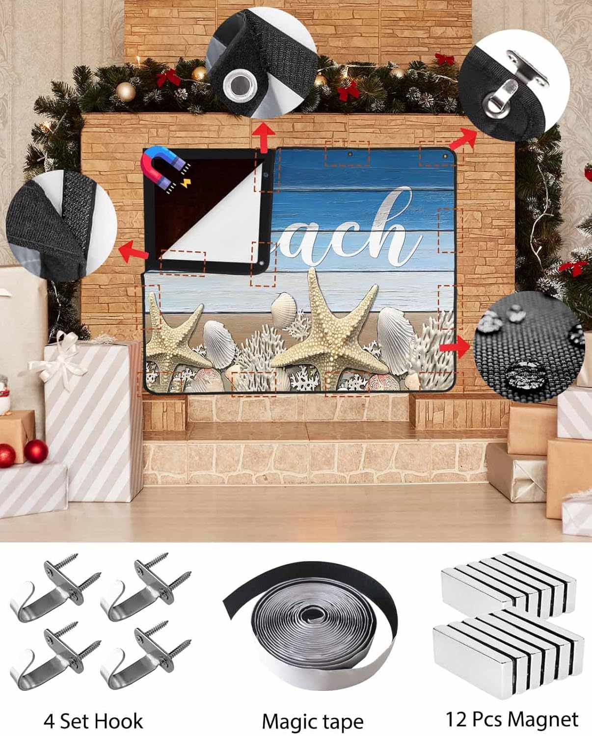 Magnetic Fireplace Cover Summer Beach Starfish Fireplace Screen Decorative Shell Coral Blue Wood Grain Insulation Fireplaces Blocker Save Energy Fireplaces Draft Stopper Covers for Living Room 36x30