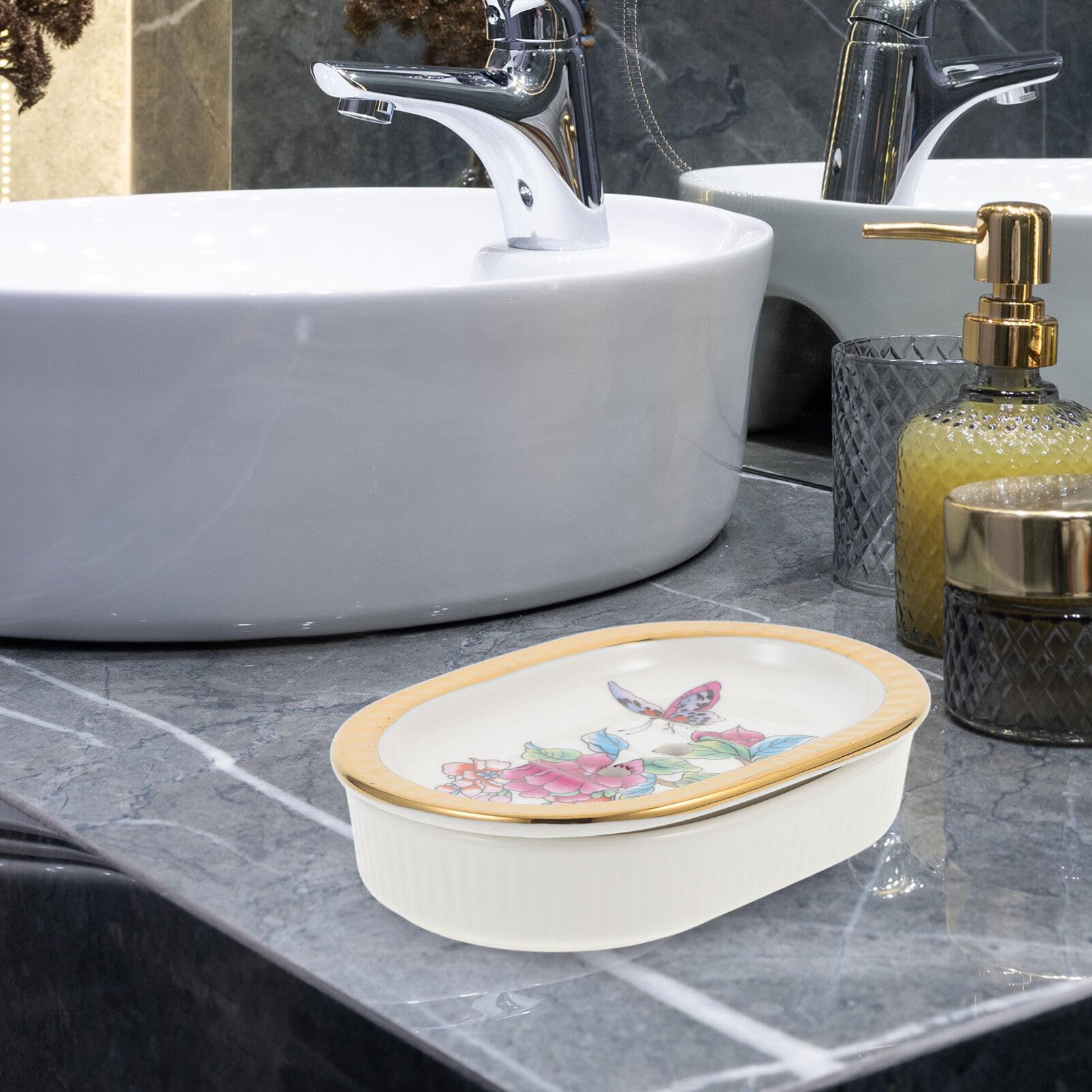 Jabonera de Cerámica Impresa de Doble Capa Drenaje | Baño y Lavabo, Estilo Sencillo, Diseño de Dos Niveles, Acabado Decorativo