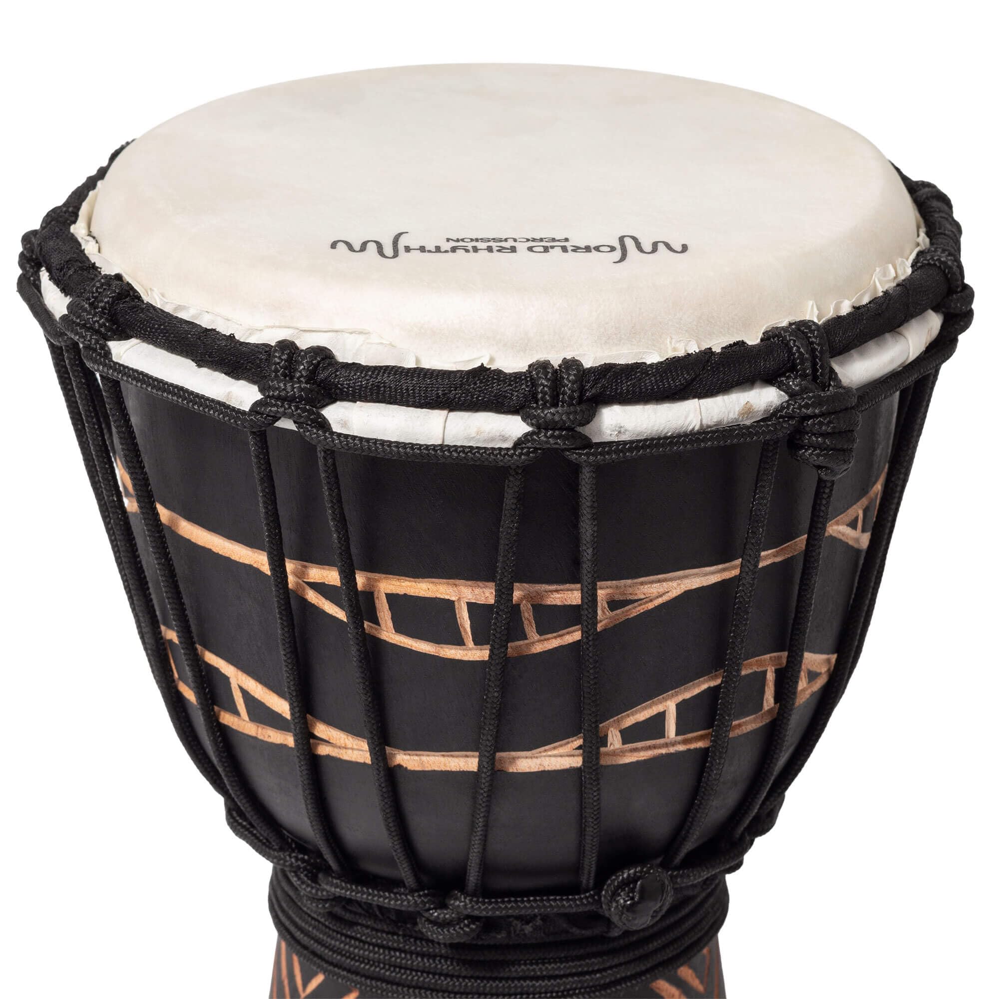 Tambor Djembe de 30 cm (12") con Cabeza de Piel de Cabra de 7" | Afinación por Cuerdas, Tallado a Mano, Estilo Africano, Swirl Black - para Artistas, Círculos de Tambor, Talleres Grupales