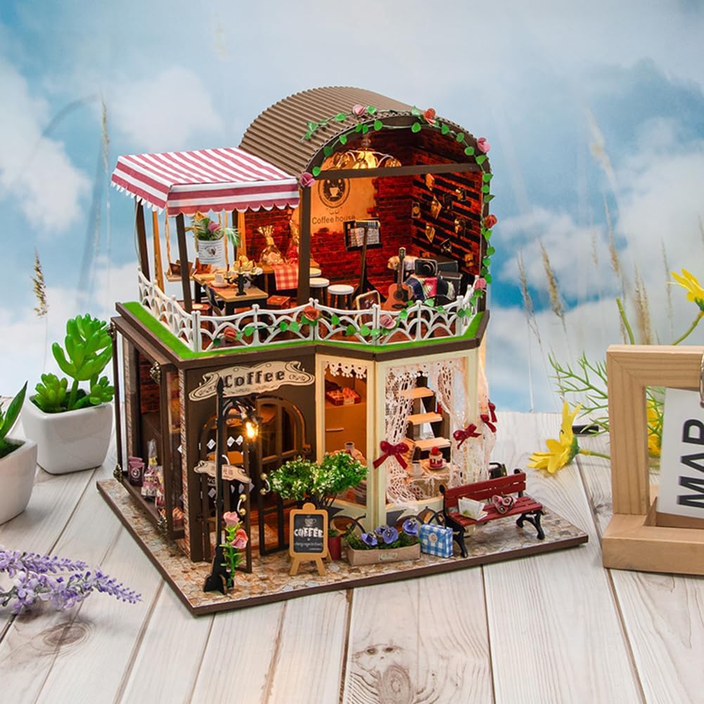 Kit de casa en miniatura DIY con música, cafetería casa de muñecas de madera, habitación creativa regalo de cumpleaños adolescente