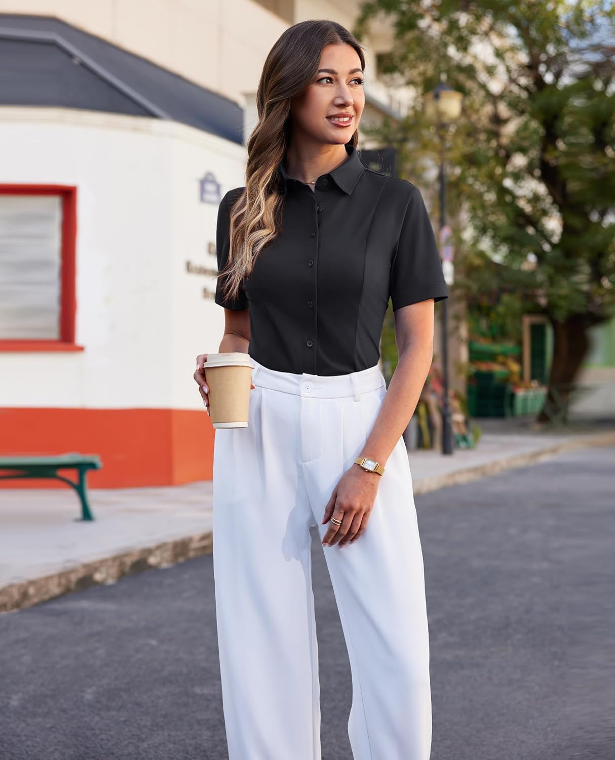 siliteelon Women's Button Down Shirts Slim fit Short Sleeve Stretch Dress Shirts Wrinkle-Free Solid Work Blouse - Image 6