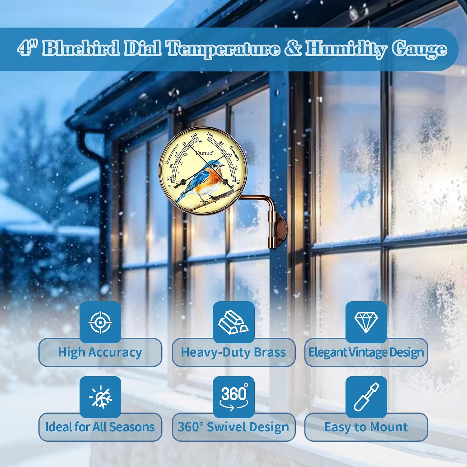 4" Outdoor Thermometer & Humidity Gauge, Brass Bluebird Dial