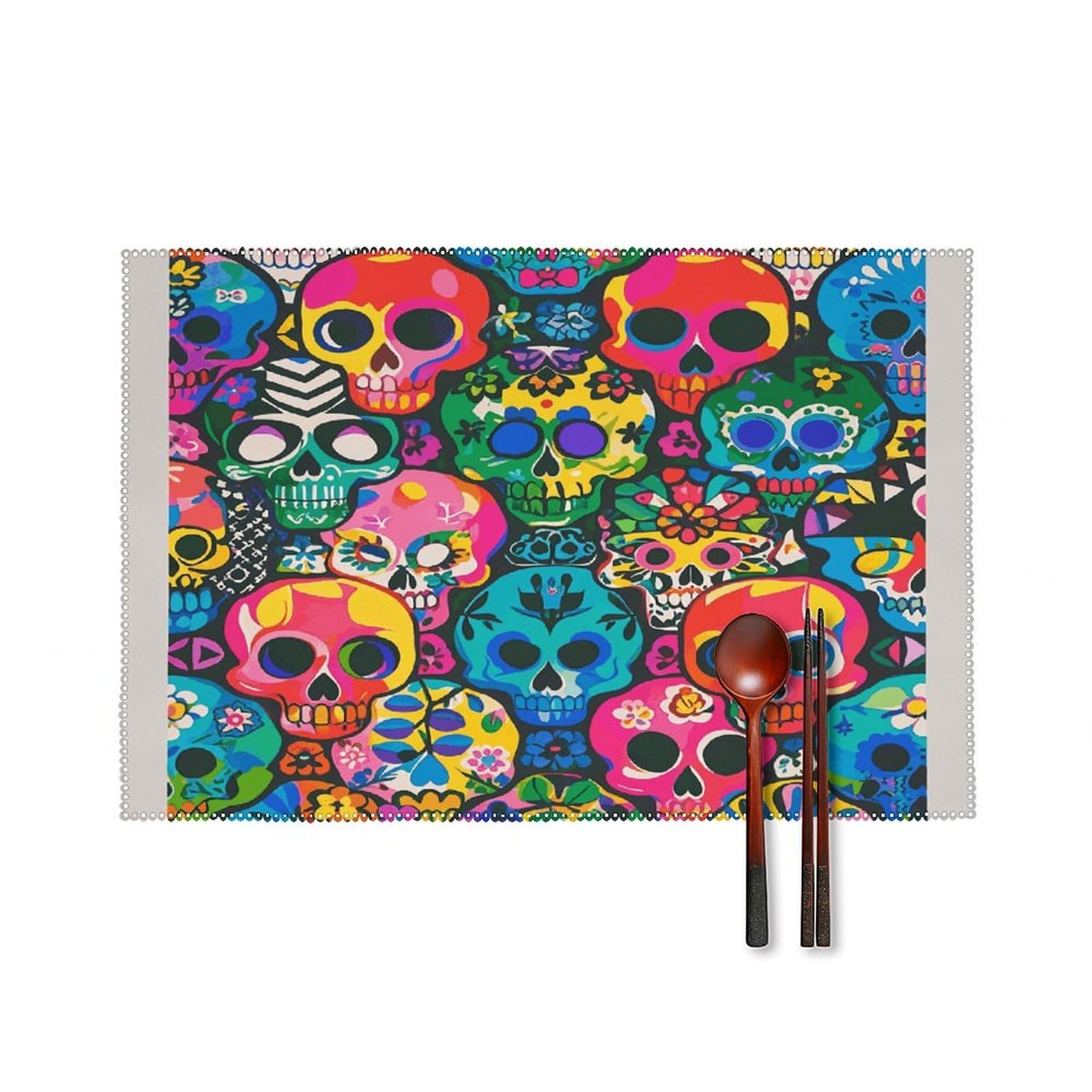 Colorful Skulls Print Placemats Set of 6 Heat Resistant Non-Slip Place Mats Washable Wipeable Table Mats Elegant Farmhouse Placemat for Kitchen Dining Outdoor Party Table Decor