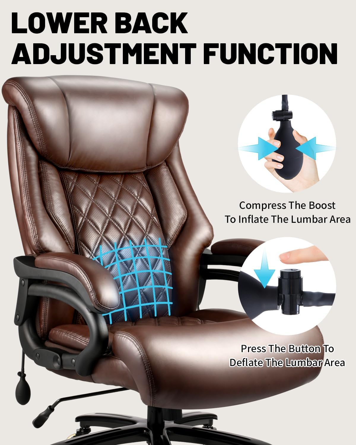 800lbs Executive Chairs, Executive Office Chairs for Big and Tall with Adjustable Lumbar Support, Office Chair for Heavy People, Leather Desk Chairs with Quiet Rubber Wheel and Extra Wide seat