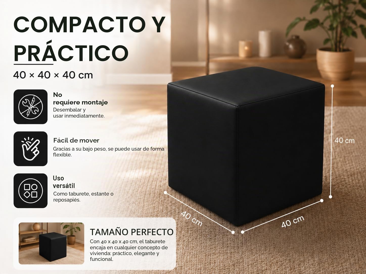 Taburete con forma de cubo, cojín de suelo, puf de piel sintética, reposapiés para salón, reposapiés acolchado, 40 x 40 x 40 cm, otomano (negro)