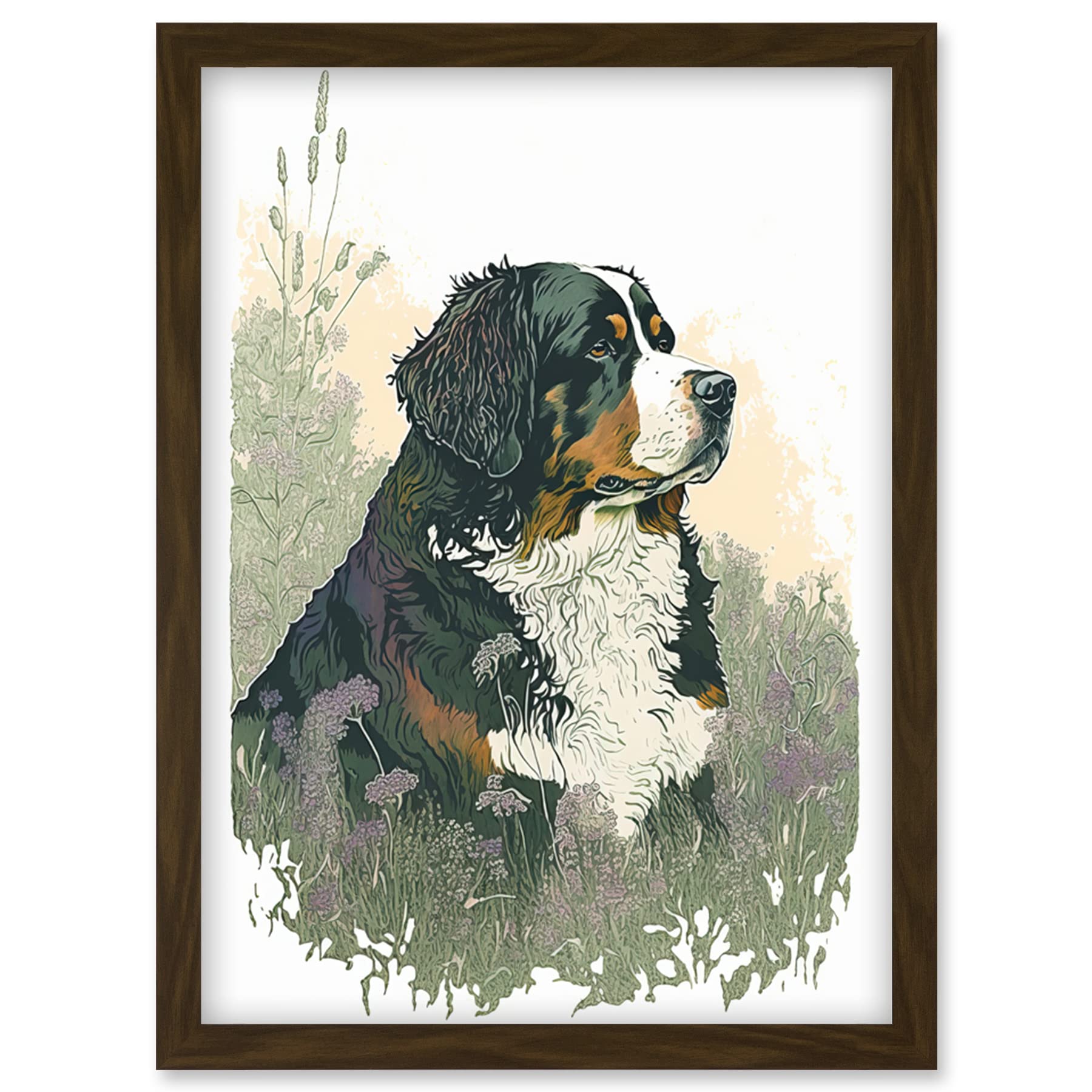 Artery8 Bernese Mountain Dog in Wild Flower Field Watercolour Illustration Artwork Framed Wall Art Print A4