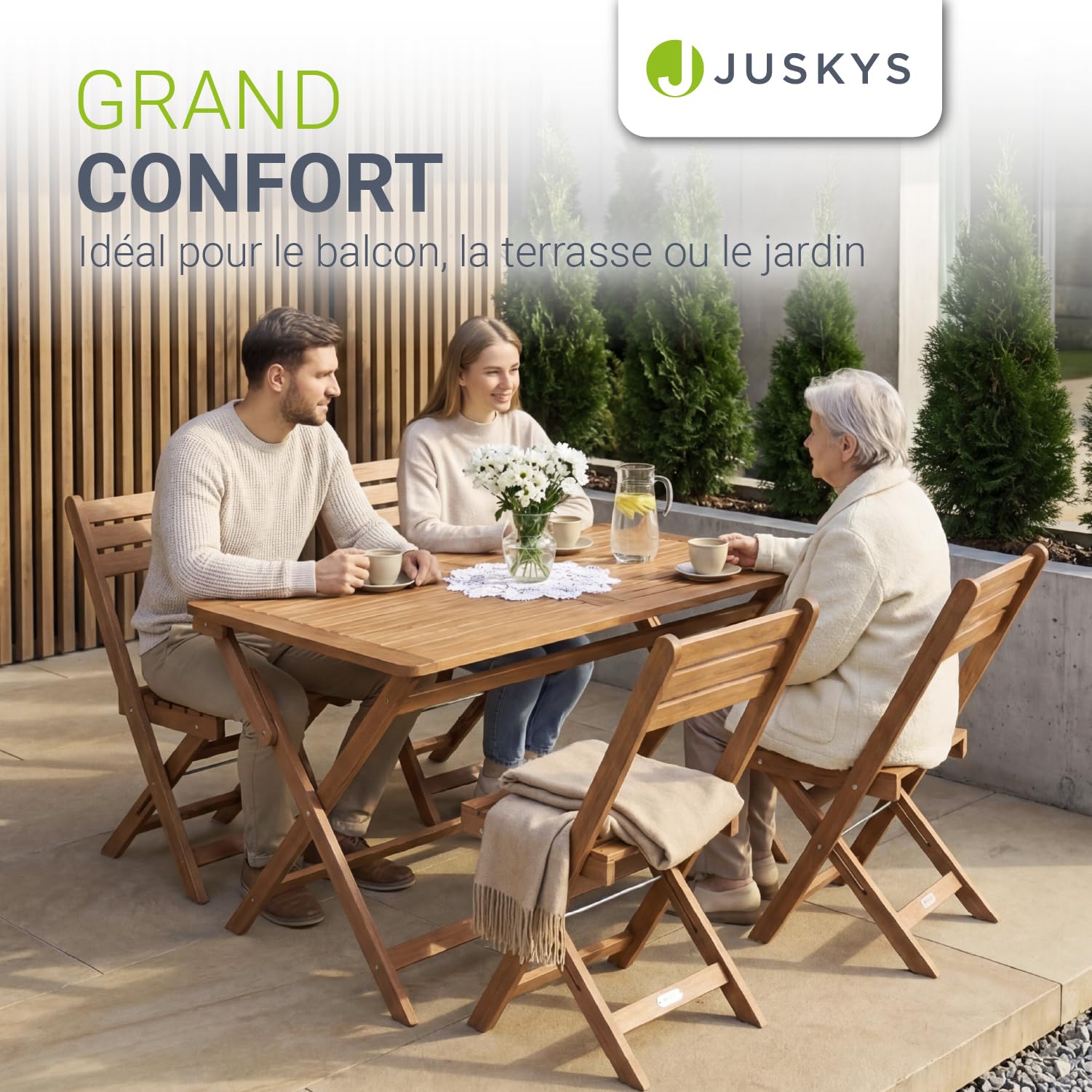 Juskys® Ensemble de mobilier de Jardin Rimini - Naturel, Bois d'acacia, Comprenant Un Ensemble de 4 chaises et Une Table, Stable, Durable