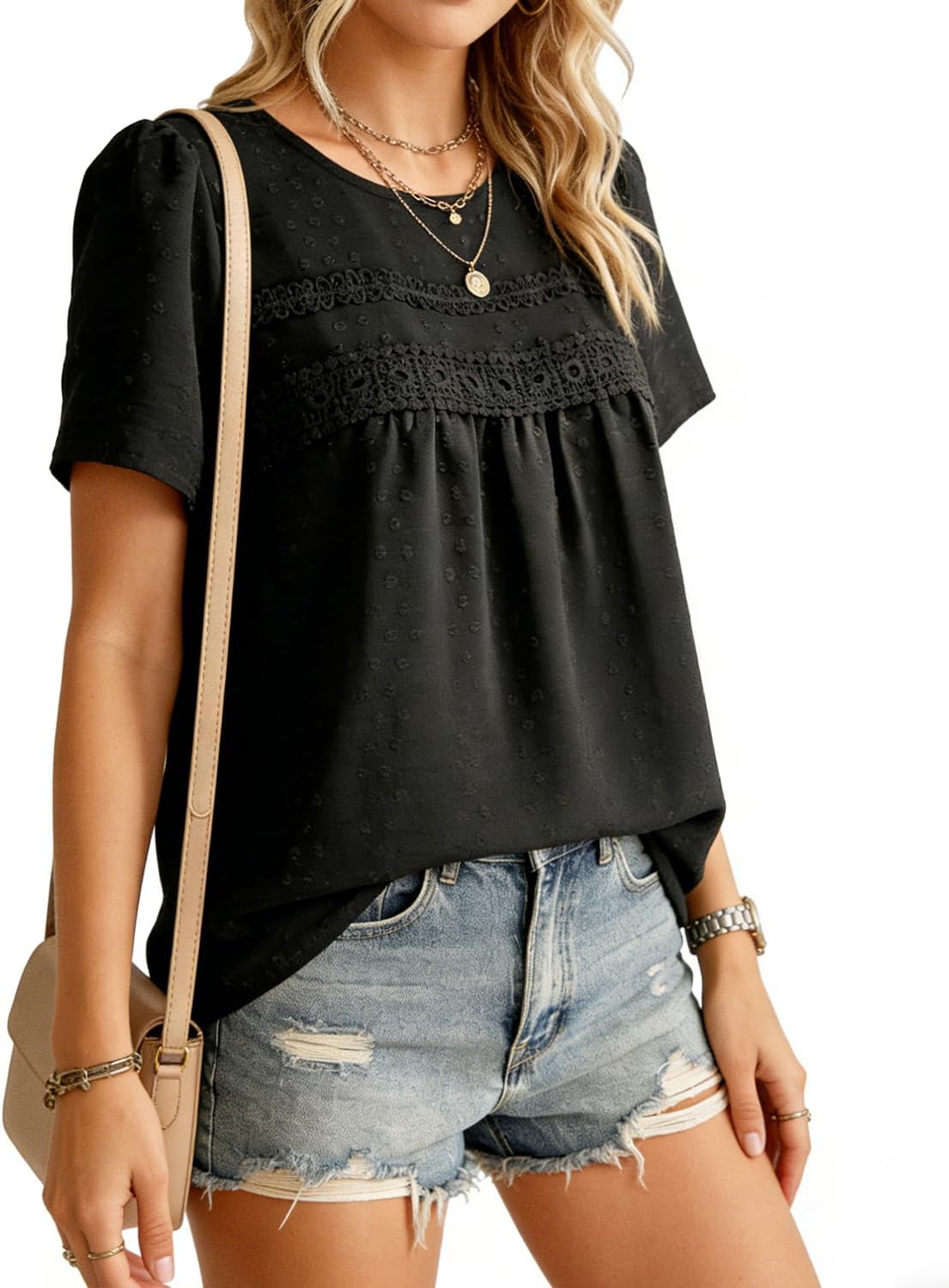 ROYLAMP Summer Boho Tops Crewneck Short Sleeve Shirts Casual Chiffon Blouses Flowy Lace Trim Swiss Dots Clothing Trendy 2026 - Image 2