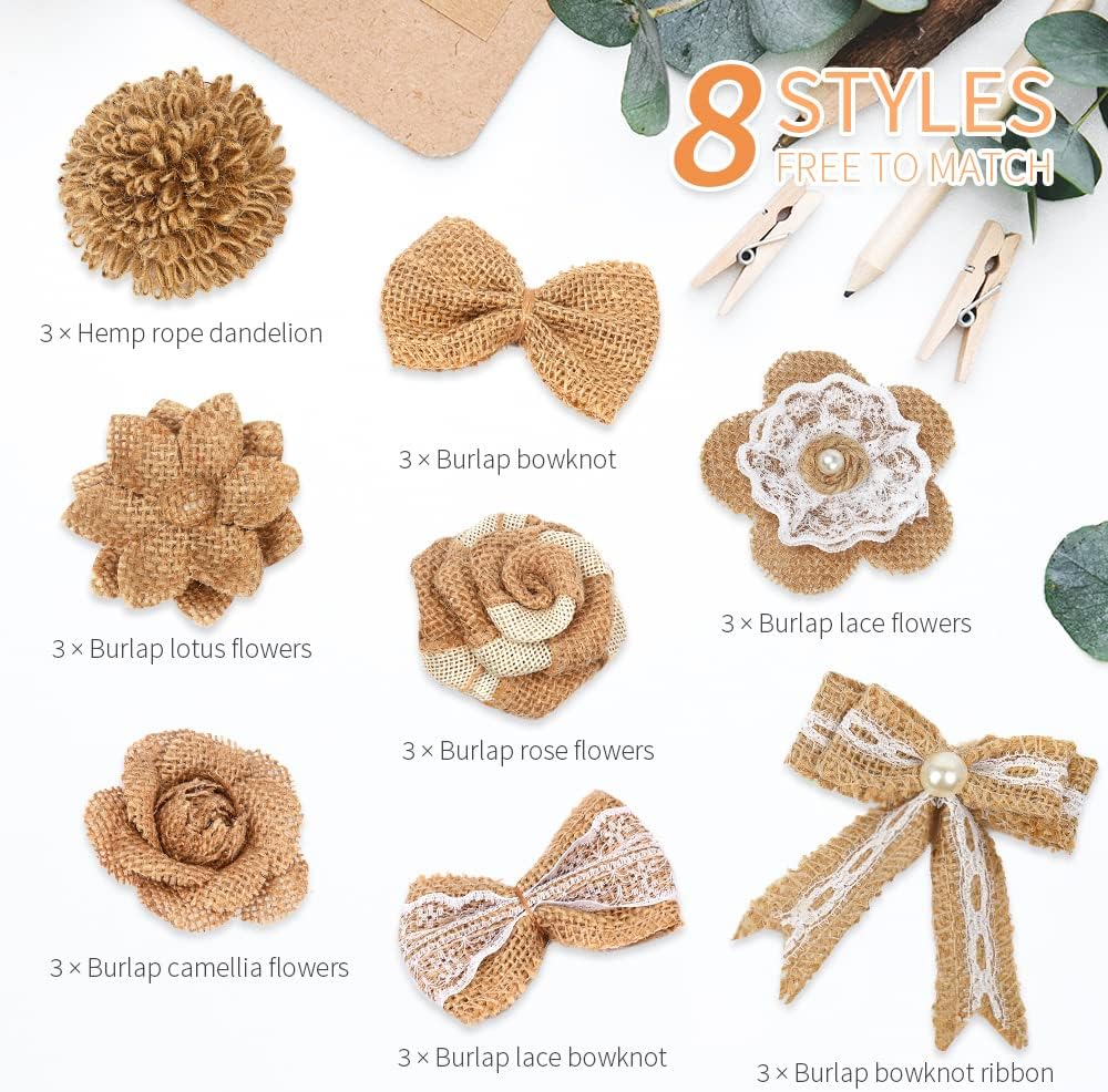 LEOBRO 24PCS Burlap Flowers, 8 Styles Natural Handmade Rustic Rose Flower Bowknot with Faux Pearls for DIY Craft Bouquets Home Wedding Christmas Party Decoration