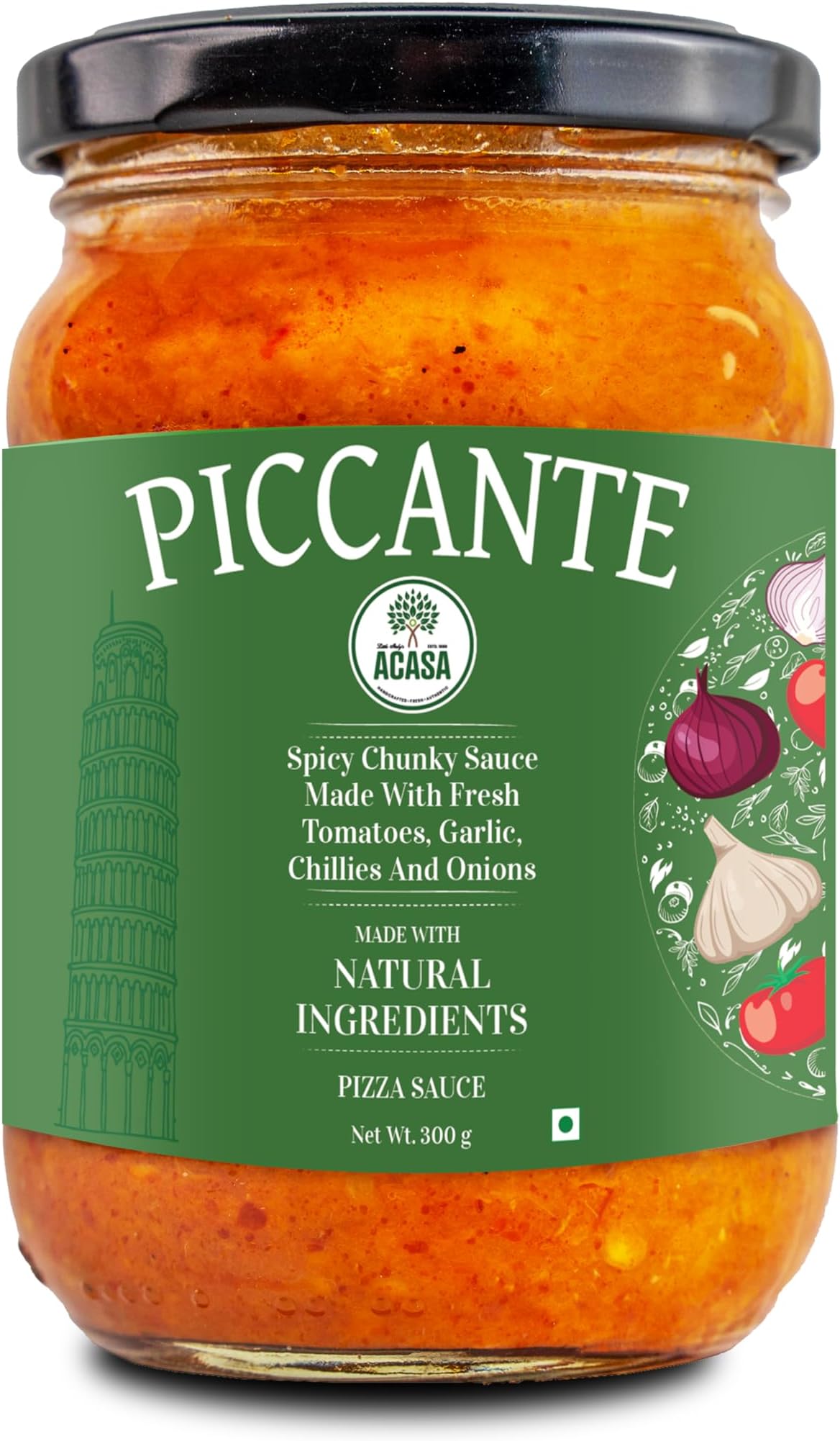Acasa Piccante Spicy Sauce 300 Gm - Perfect Sauce for Pizza Base - Enhance Homemade Flavors - Rich Tomato Blend - Ideal with Pizza Base Bread - Authentic Italian Taste