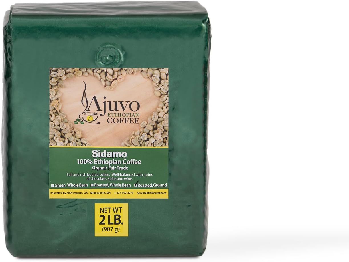 Ethiopian Sidamo Coffee | 100% Organic and Fair Trade | Roasted, Ground | Two (2) Pounds