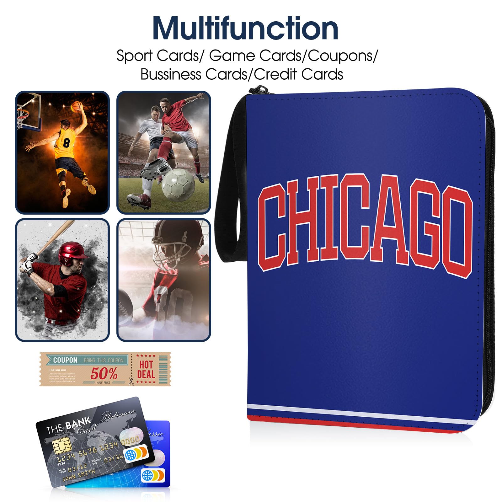 Baseball-Kartenbinder mit Ärmeln, 900 Taschen, Chicago Baseball-Kartenhalter für Sammelkarten, Baseball-Sammler-Album, Sportkarte, 3-Ringbuch, Aufbewahrungsbuch, Ordner, Organizer für Kinder, Geschenk