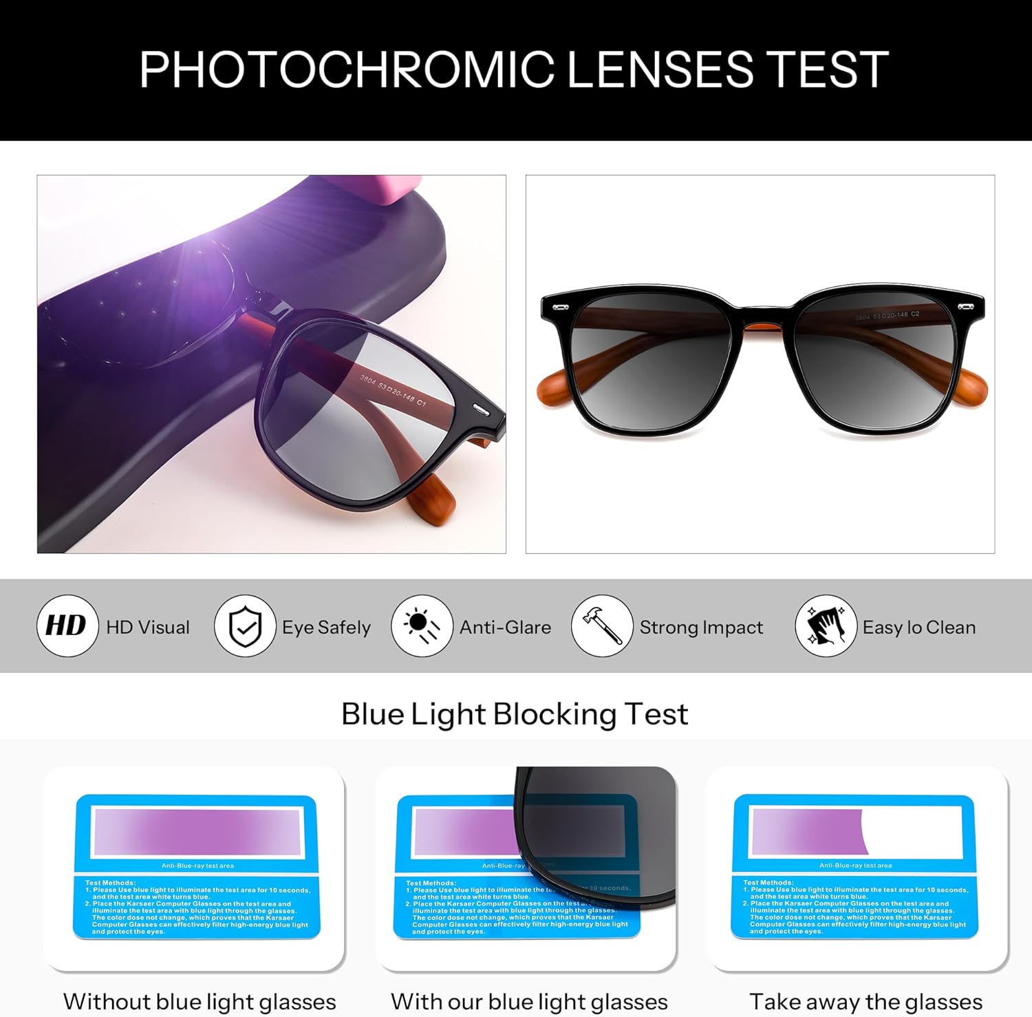 Karsaer 2 Pcs Photochromic Sunglasses Day Night Use Blue Light Blocking Computer Glasses for Men Women with Wooden Temples - Image 6