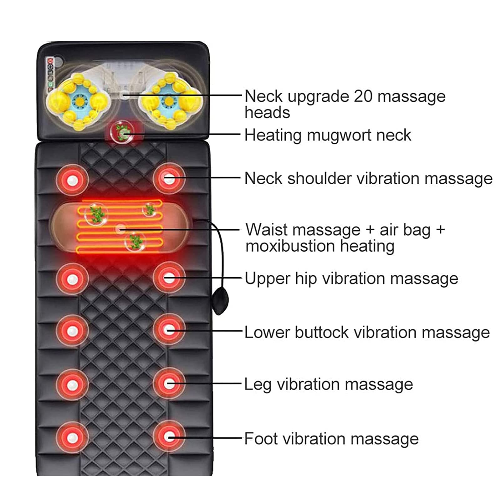 Mata do masażu z ogrzewaniem z 20 głowicami masującymi do ugniatania szyi Shiatsu, wibracyjny materac do masażu 9 trybów 9 poziomów, poduszka do masażu całego ciała łagodzi ból szyi, pleców i nóg Mata